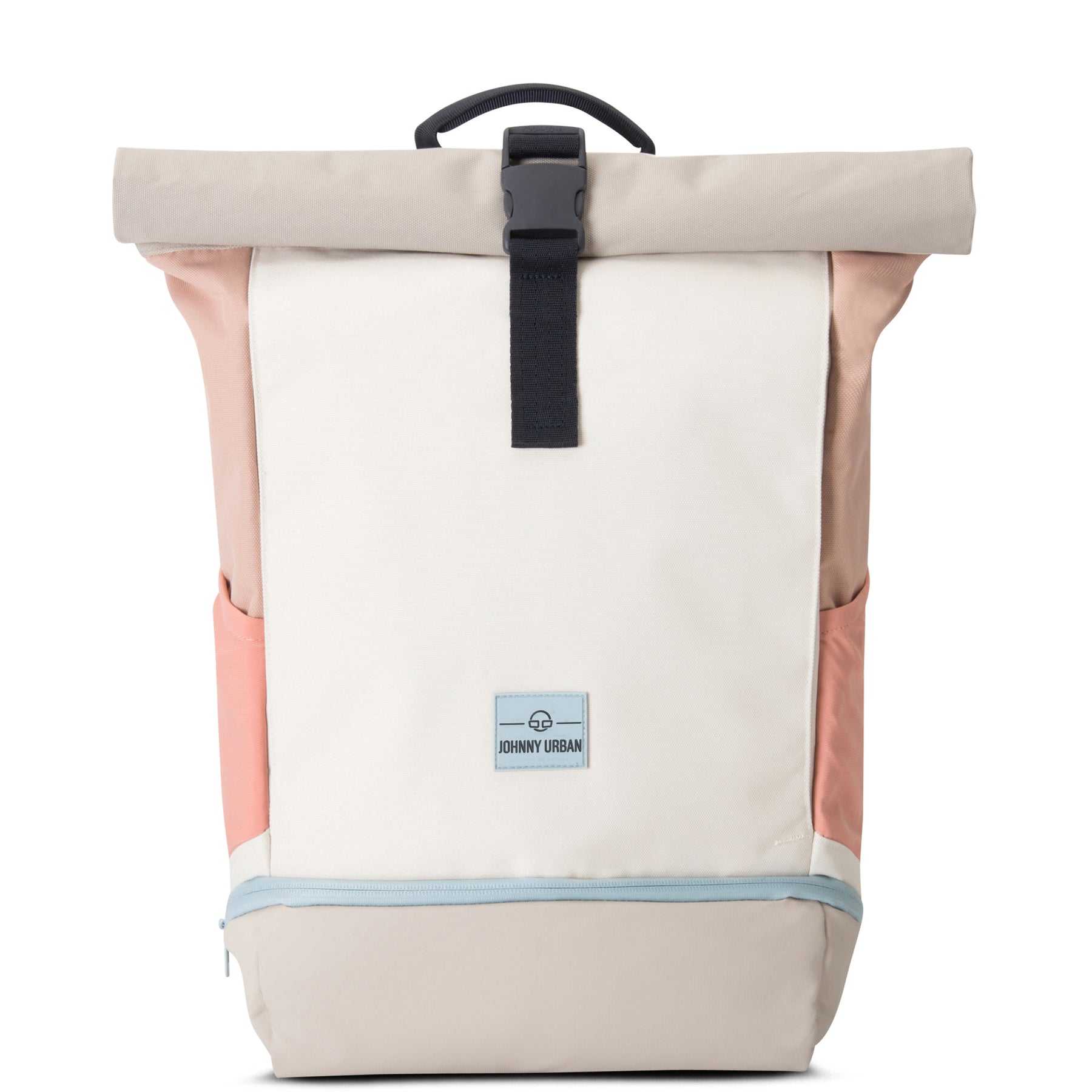 Beiger und rosafarbener Rolltop-Rucksack "Allen Medium" von Johnny Urban mit schwarzem Verschluss und hellblauem Reißverschluss