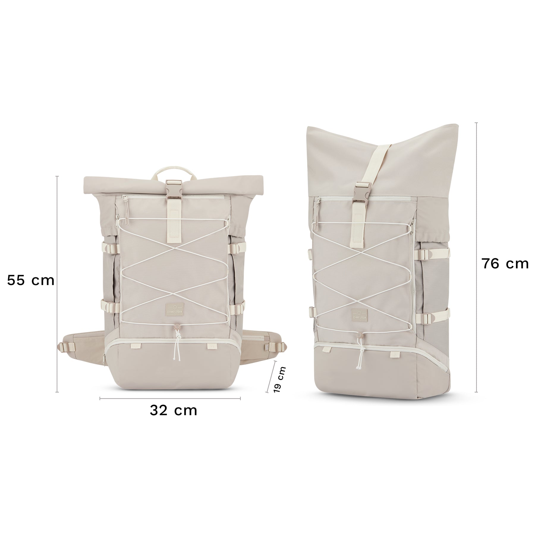 Beiger Johnny Urban Reiserucksack 'Allen XL Travel' mit Rolltop, 55 cm und 76 cm Höhe, 32 cm Breite, 19 cm Tiefe