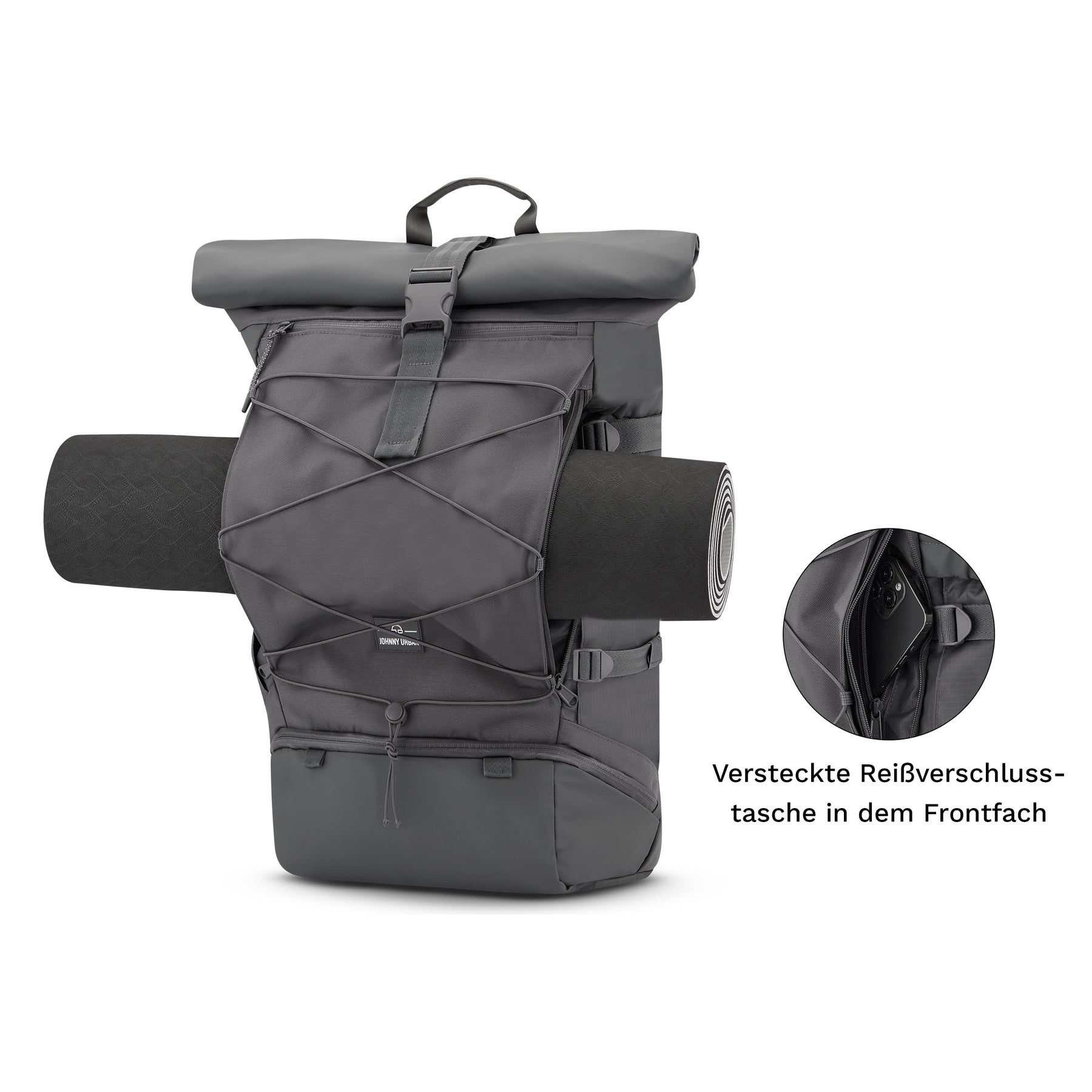 Johnny Urban Reiserucksack Allen XL Travel in Dunkelgrau mit Rolltop, elastischem Frontfach und versteckter Reißverschlusstasche