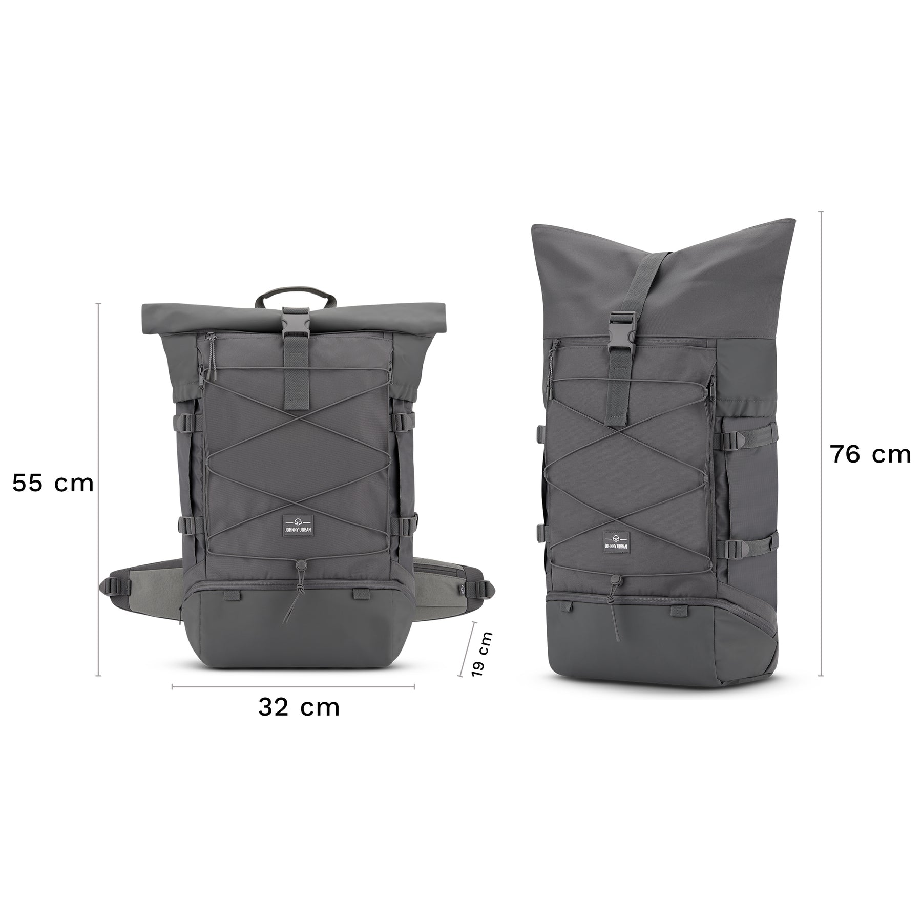 Dunkelgrauer Johnny Urban Reiserucksack Allen XL Travel mit Rolltop in zwei Größen, Maße: 55x32x19 cm und 76x32x19 cm