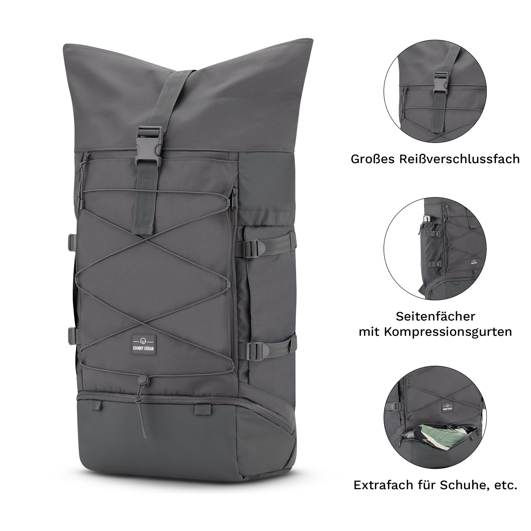 Grauer Johnny Urban Reiserucksack 'Allen XL Travel' mit großem Reißverschlussfach, Seitenfächern und Extrafach für Schuhe
