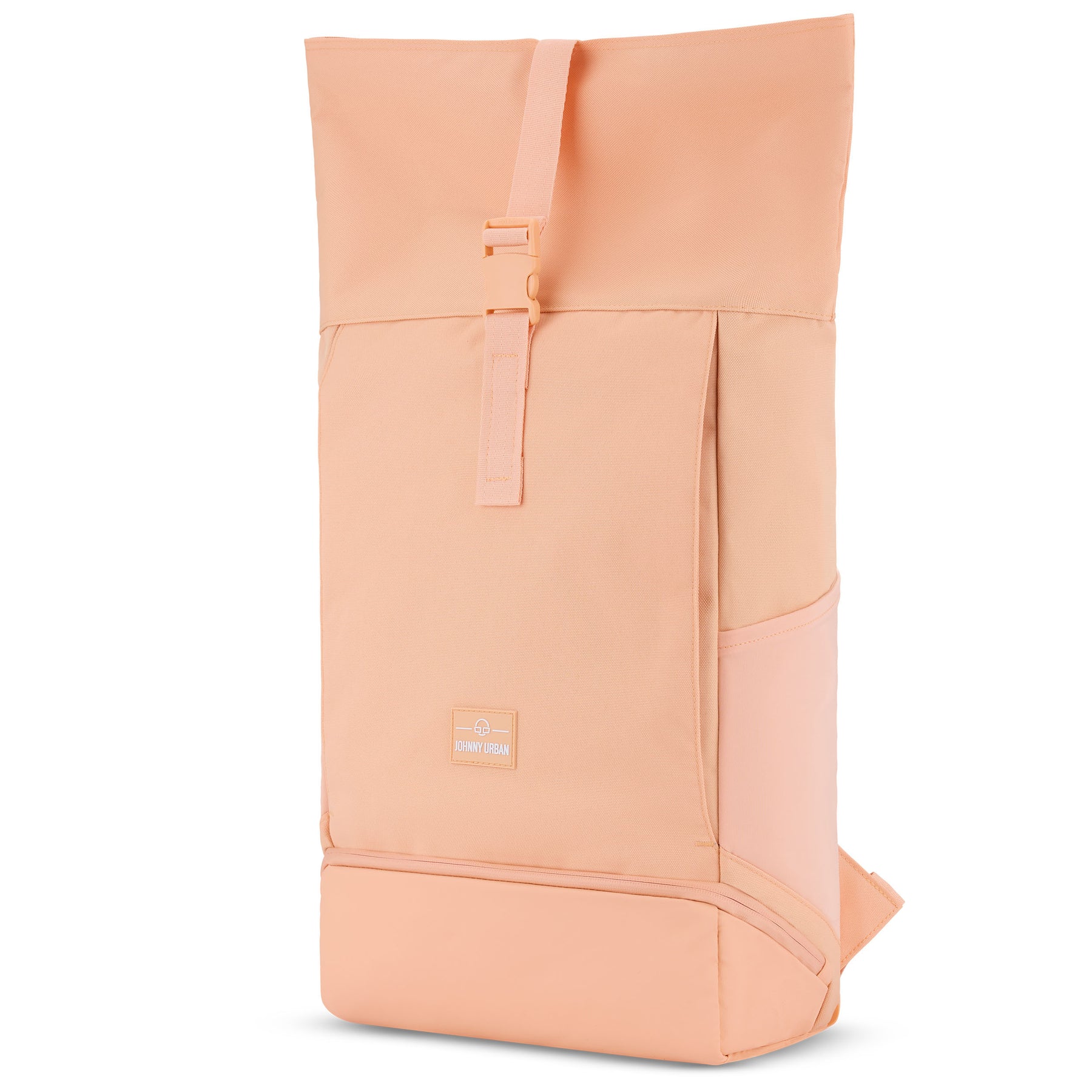 Großer Rolltop-Rucksack Allen von Johnny Urban in Pfirsichfarben mit Frontverschluss und Logo