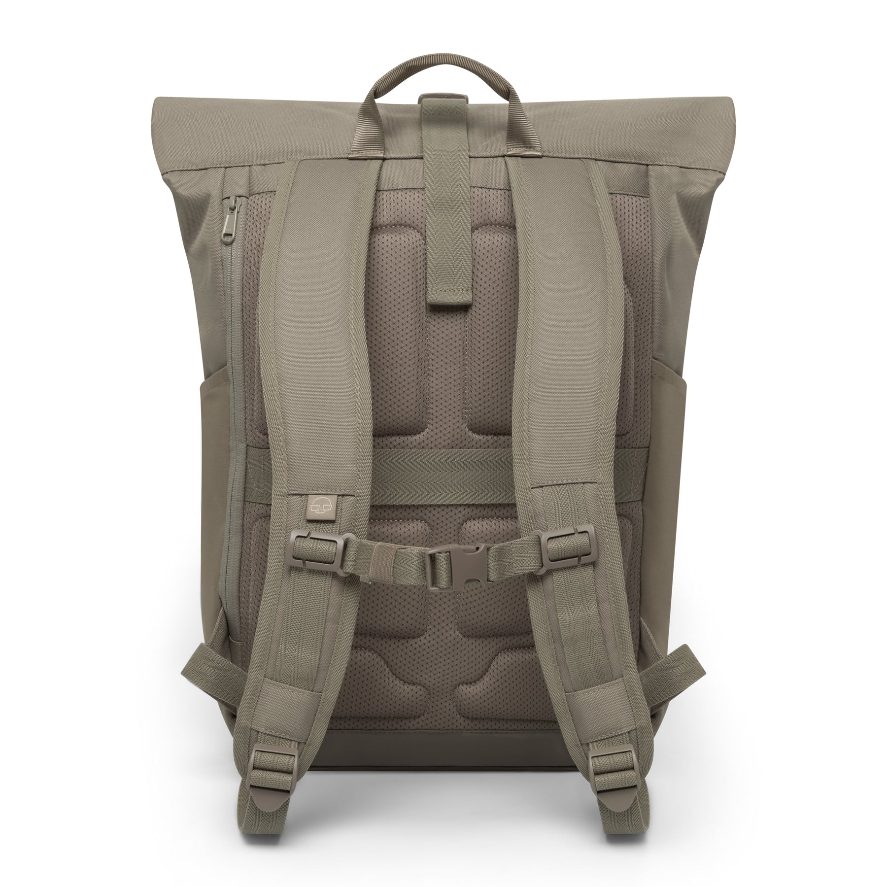 Rückseite des graubraunen Rolltop-Rucksacks 'Allen Large' mit gepolsterten Trägern und atmungsaktivem Rückenbereich