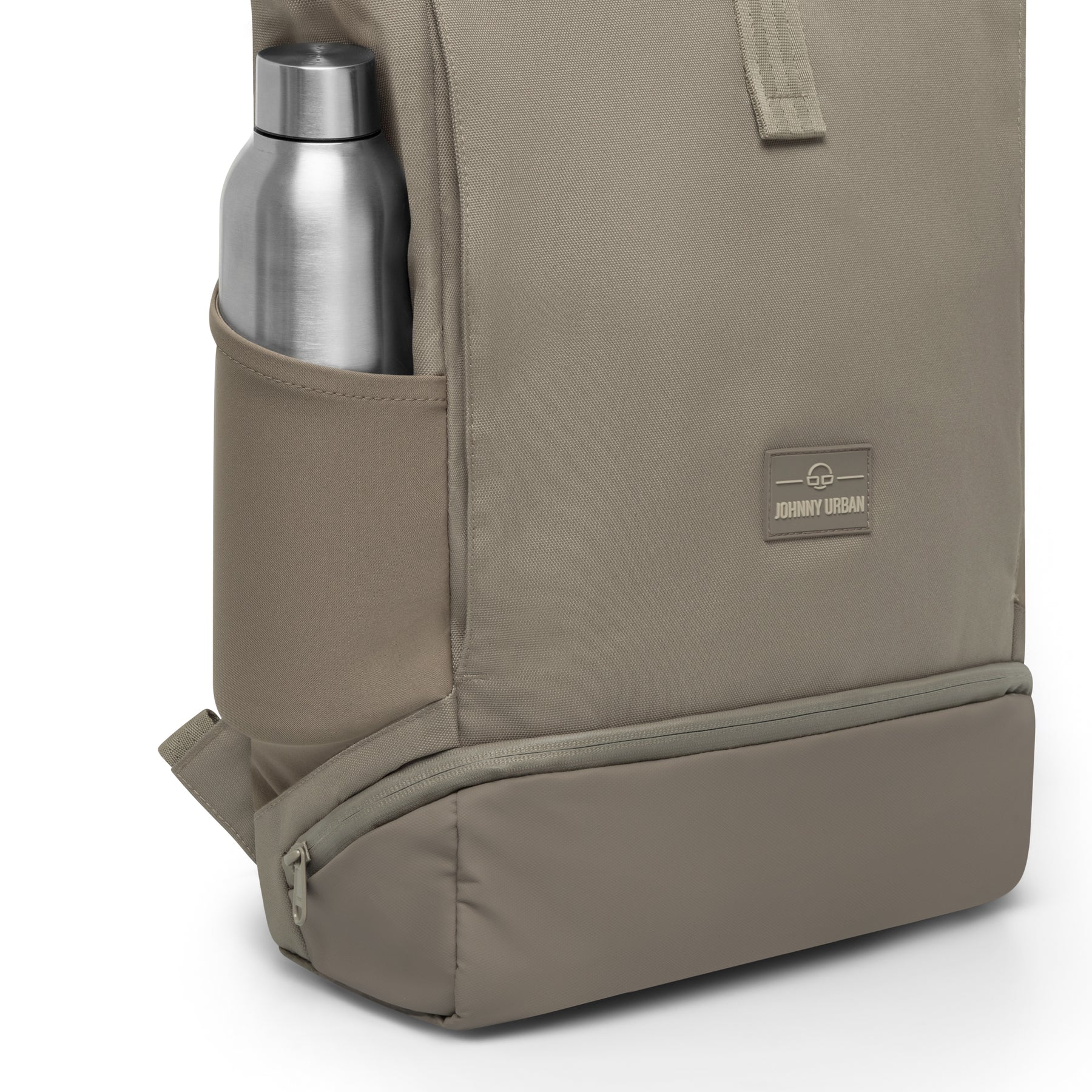 Rolltop Rucksack Allen Large in beige mit seitlichem Fach und eingebrachtem Edelstahl-Trinkflasche