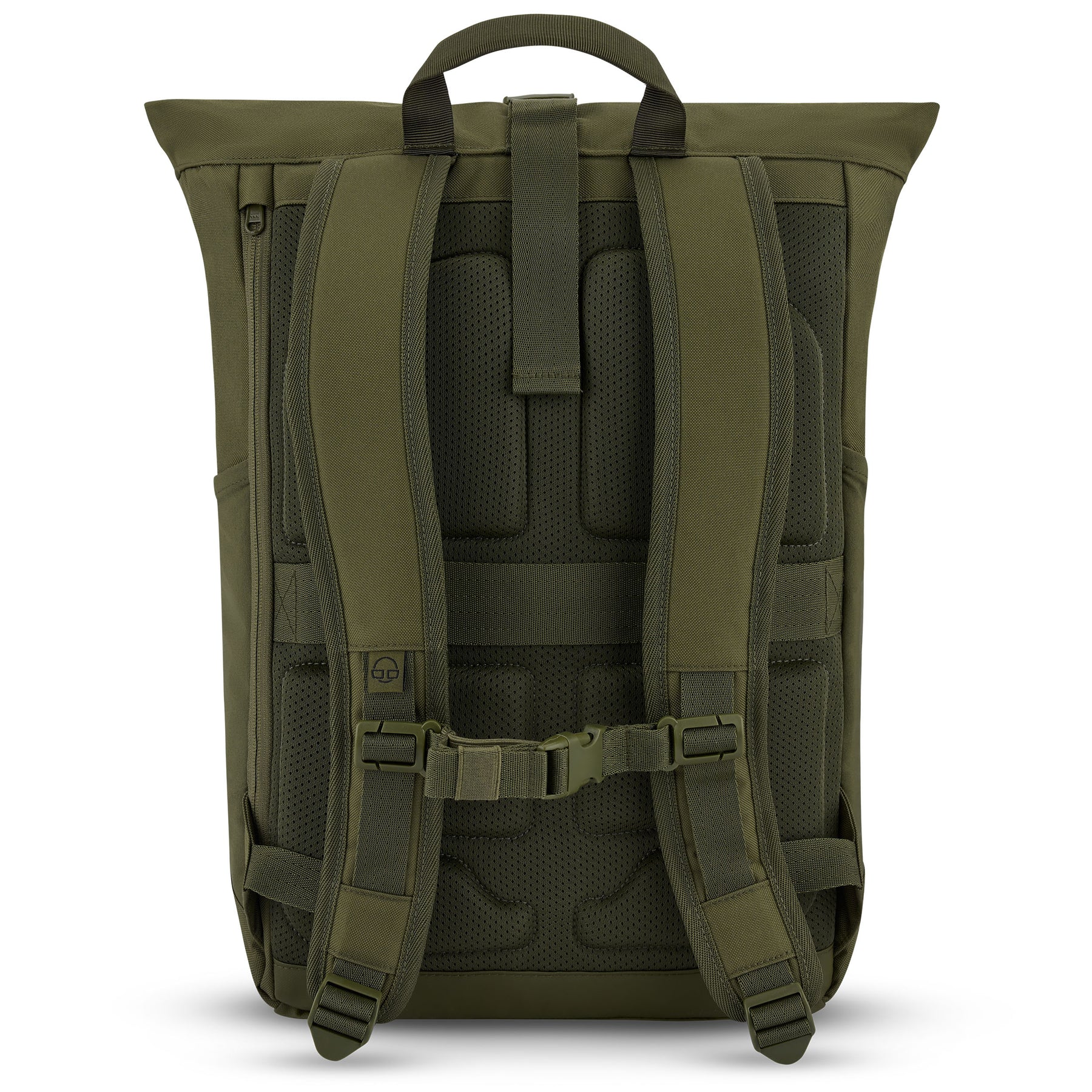 Rückansicht des olivgrünen Rolltop-Rucksacks 'Allen Large' von Johnny Urban mit gepolsterten Trägern und Rückenpolsterung