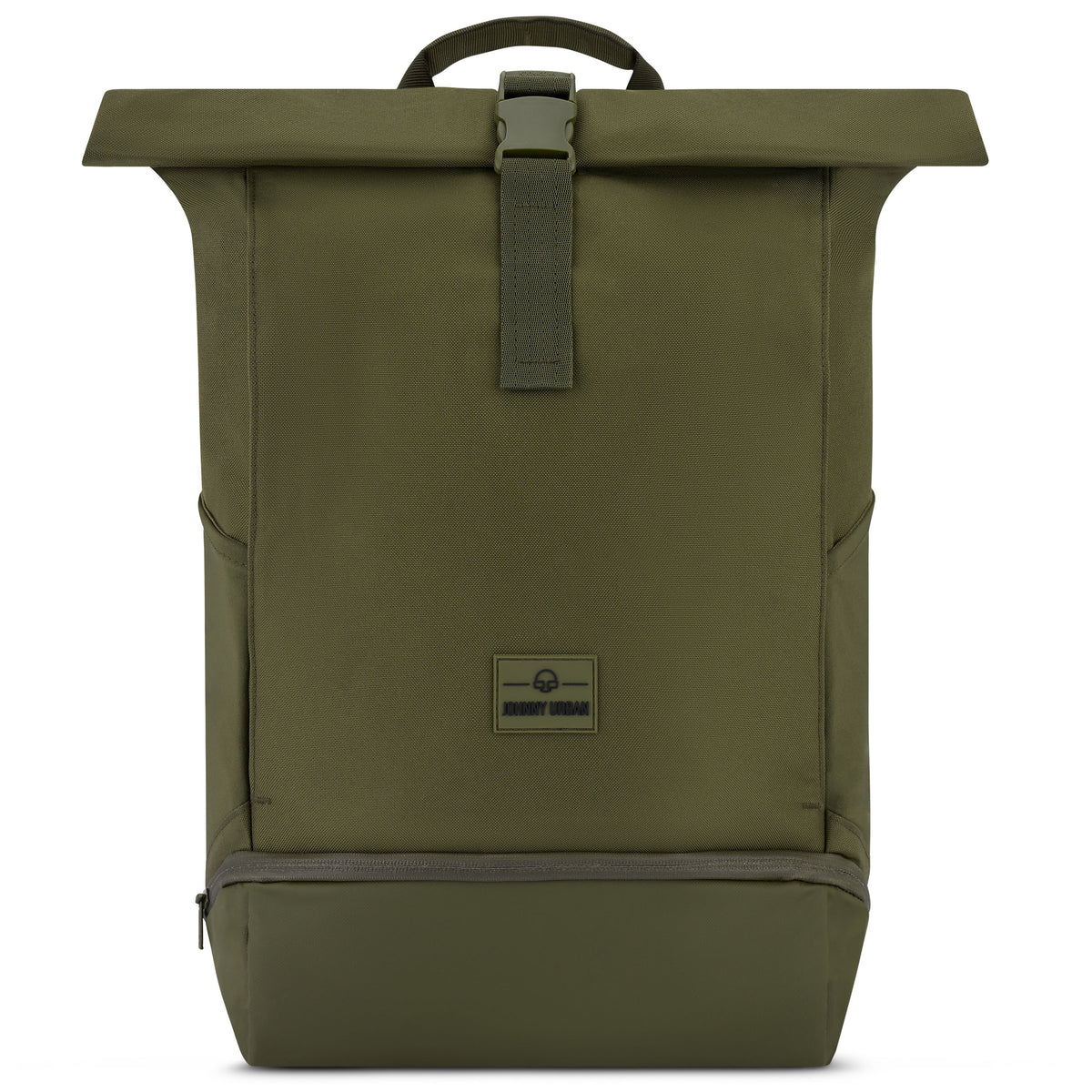 Rolltop Rucksack Allen Large von Johnny Urban in olivgrün mit einem Griff, Schnallenverschluss und Reißverschlussfach unten
