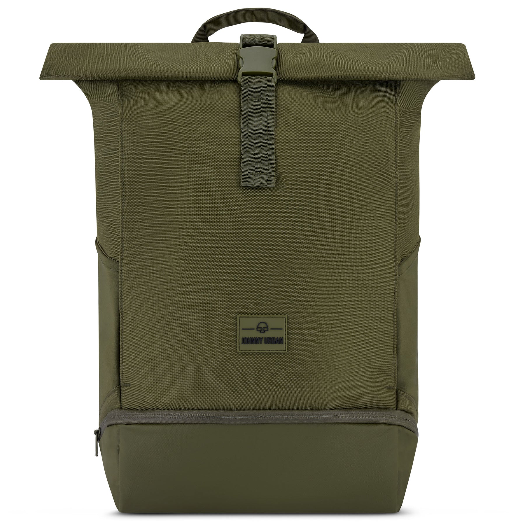 Rolltop Rucksack Allen Large von Johnny Urban in olivgrün mit einem Griff, Schnallenverschluss und Reißverschlussfach unten