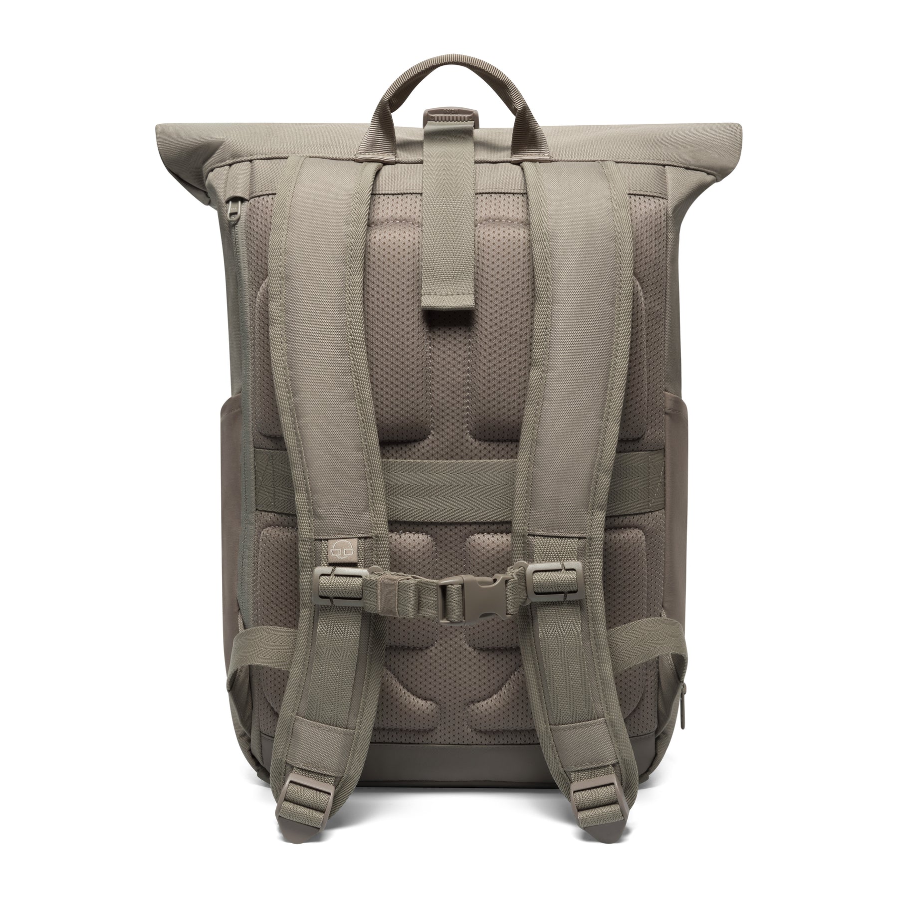 Rückansicht des rolltop Rucksacks Allen Medium in desert grey mit gepolsterten Schulterriemen und Rückenbereich