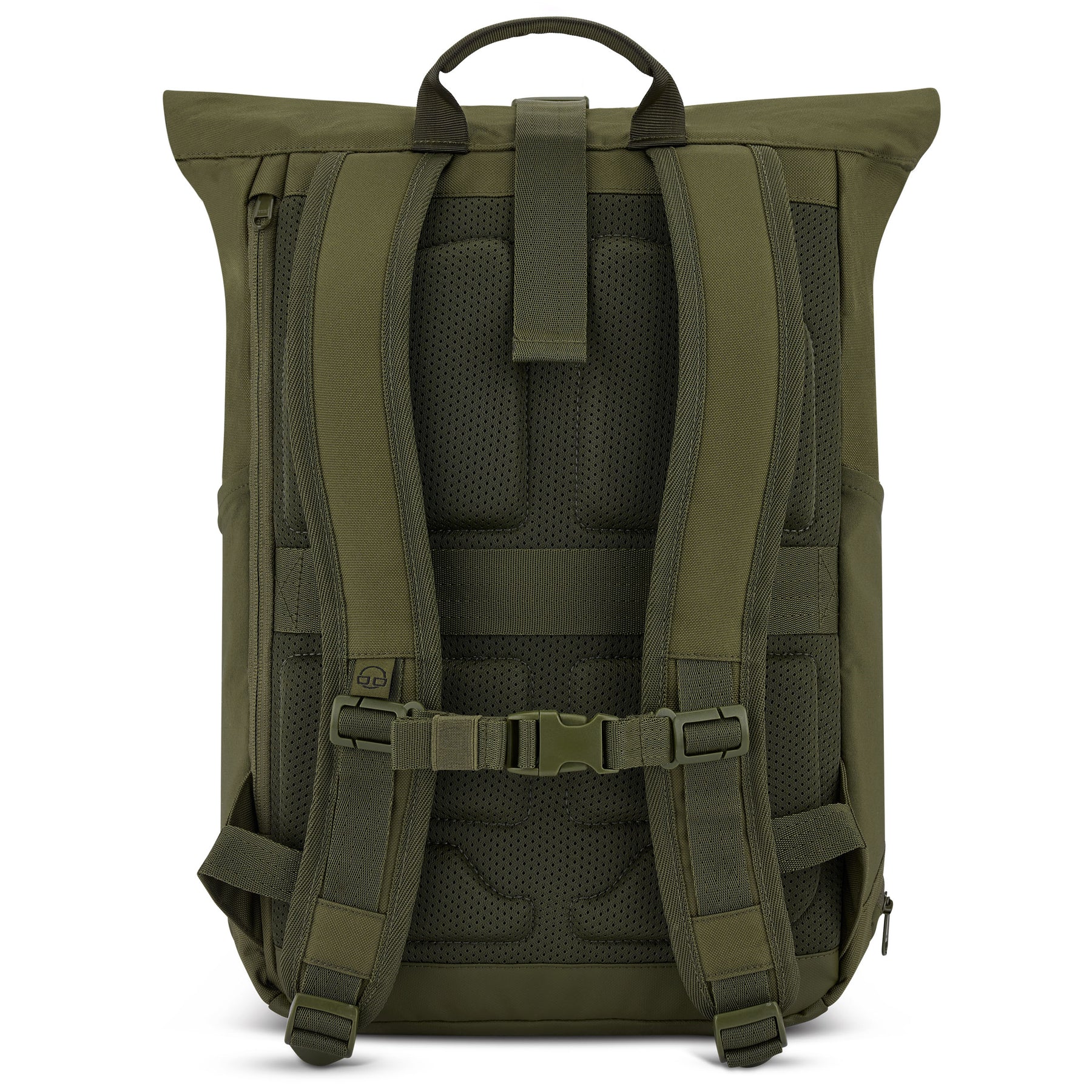 Rückseite des olivgrünen Rolltop-Rucksacks Allen Medium mit gepolsterten Schulterriemen und atmungsaktivem Rückenteil