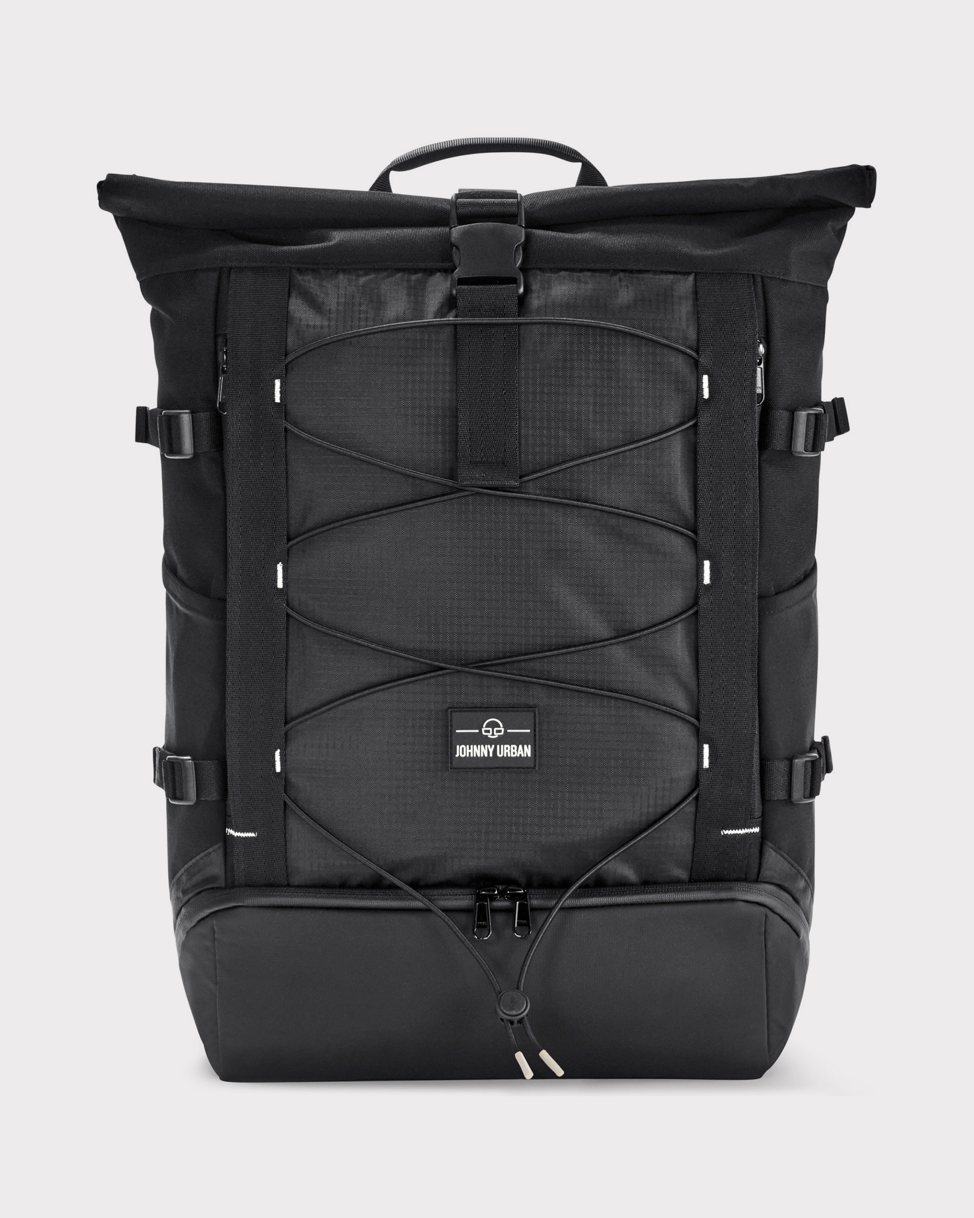 Schwarzer Rolltop-Rucksack 'Allen Large Move' von Johnny Urban mit Kordelzug und Reißverschlussfach unten