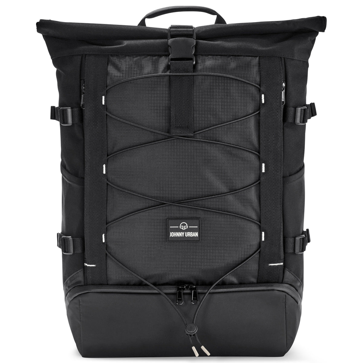 Schwarzer Rolltop-Rucksack 'Allen Large Move' von Johnny Urban mit Kordelzug und Reißverschlussfach unten