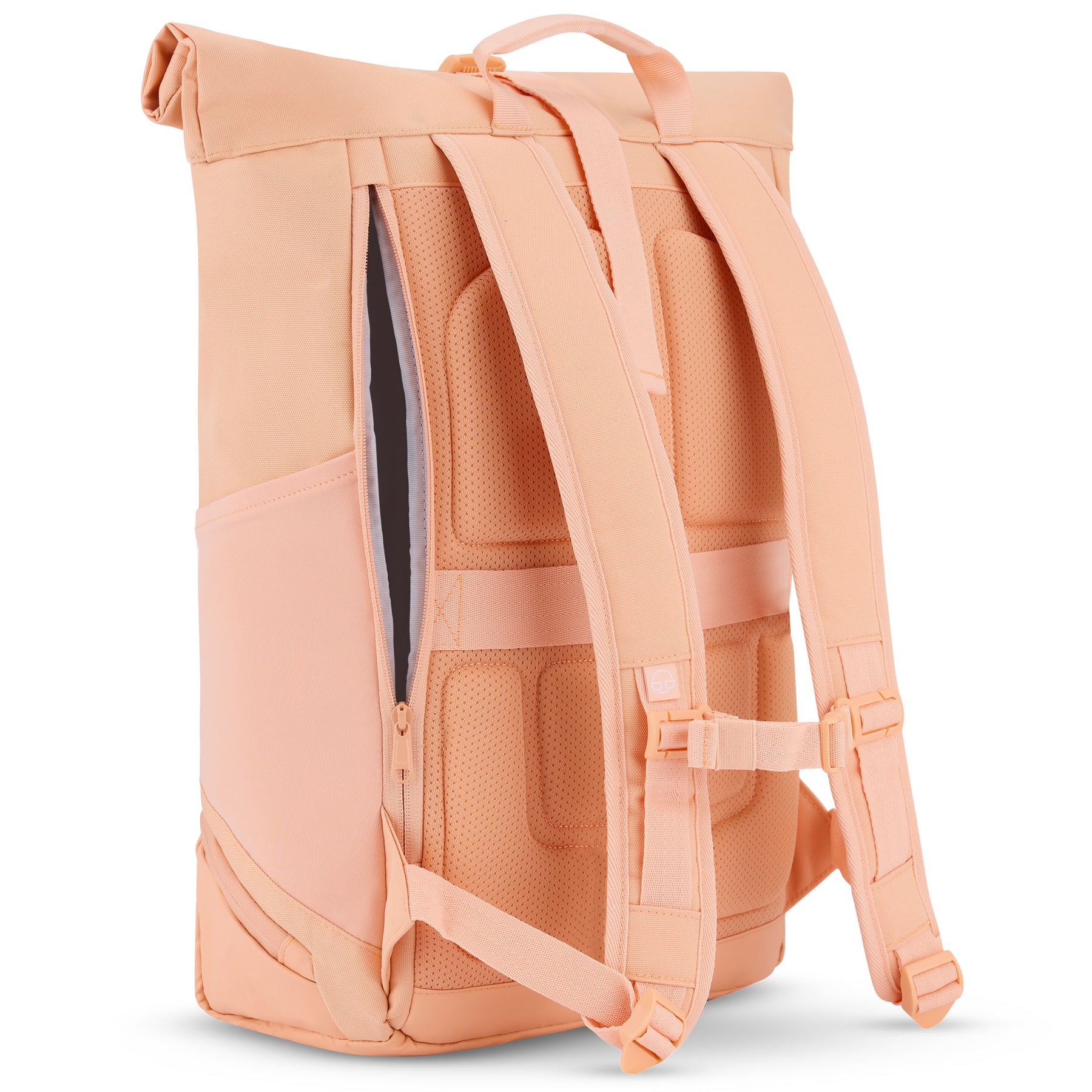 Rolltop Rucksack Allen Large in Pfirsich, Rückseite mit gepolsterten Schulterriemen und Reißverschlussfach