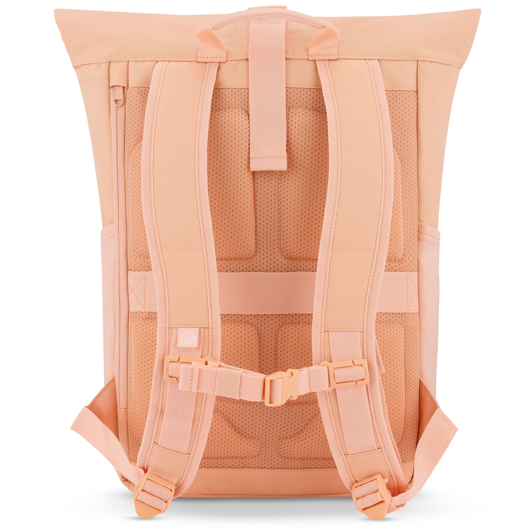 Rückseite des Johnny Urban Rolltop Rucksack Allen Medium in Pfirsich mit gepolsterten Trägern und atmungsaktivem Rückenbereich