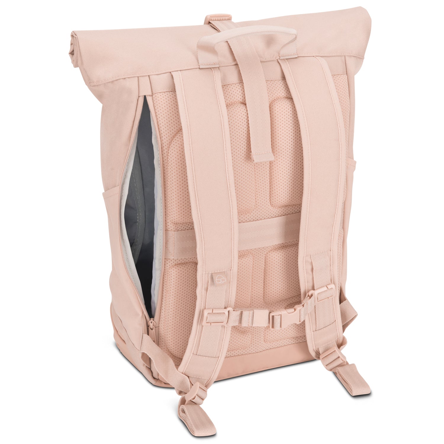 Rolltop Rucksack Allen Large in Rosé von hinten mit geöffnetem Seitenfach