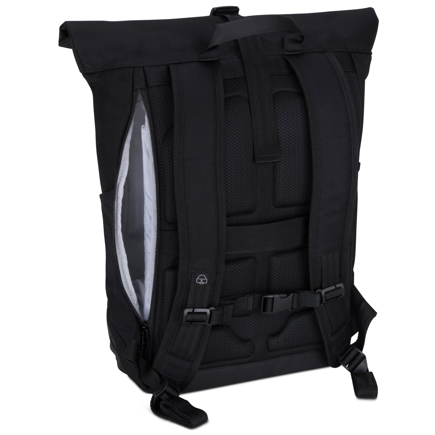 Rückseite des schwarzen Rolltop-Rucksacks 'Allen Large' mit gepolsterten Schultergurten und geöffnetem seitlichem Reißverschluss