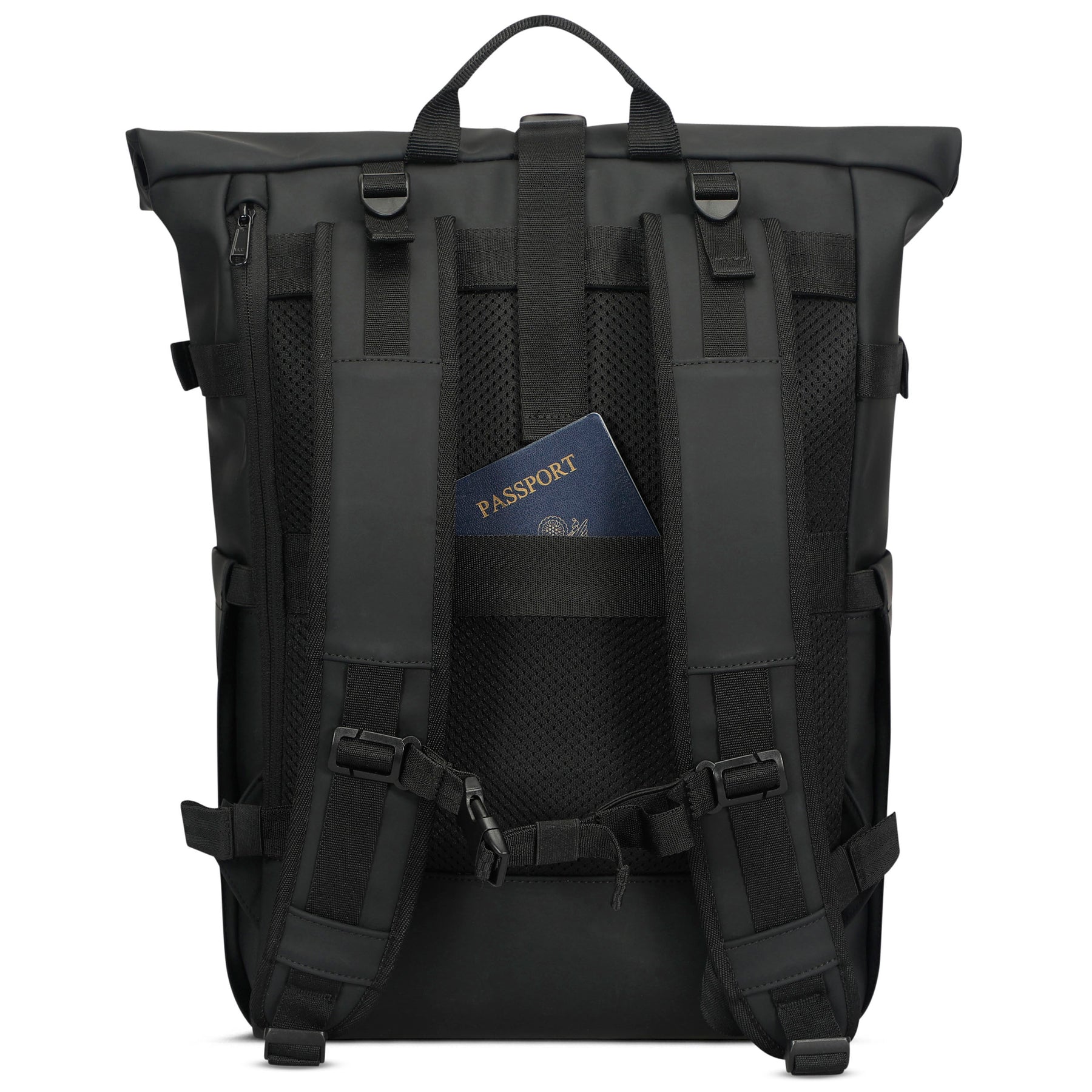Schwarzer Rolltop Rucksack ,Harvey Large' mit gepolsterten Trägern und verstecktem Rückentaschen-Reißverschluss mit einem Reisepass