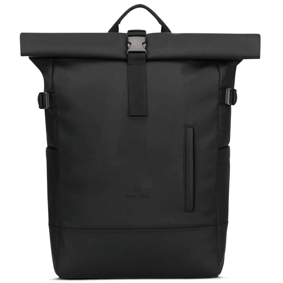 Großer schwarzer Rolltop Rucksack 'Harvey Large' von Johnny Urban aus wasserdichtem Material mit seitlichen Schnallen