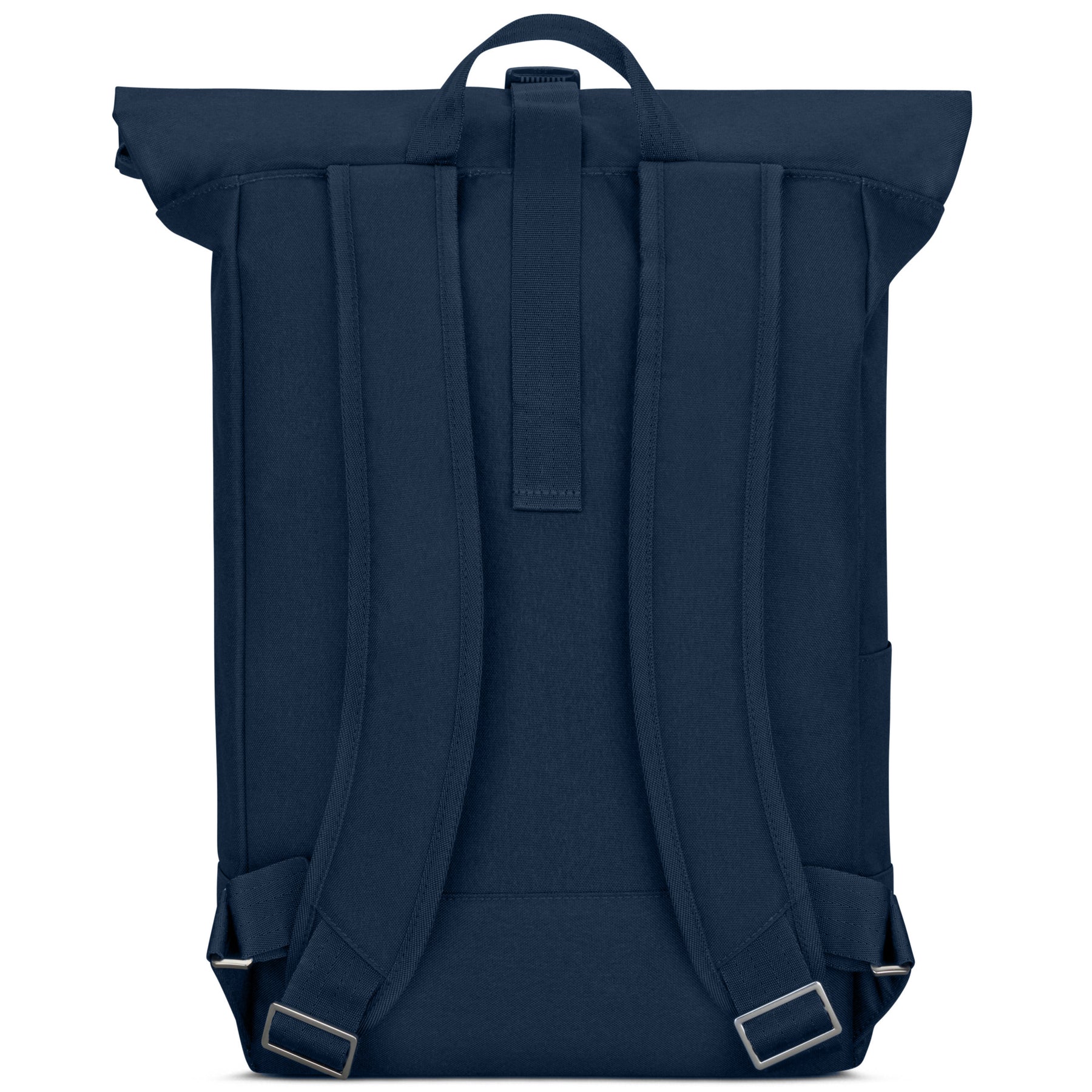 Rückansicht des dunkelblauen Rolltop-Rucksacks 'Robin Large' von Johnny Urban mit gepolsterten Schulterriemen