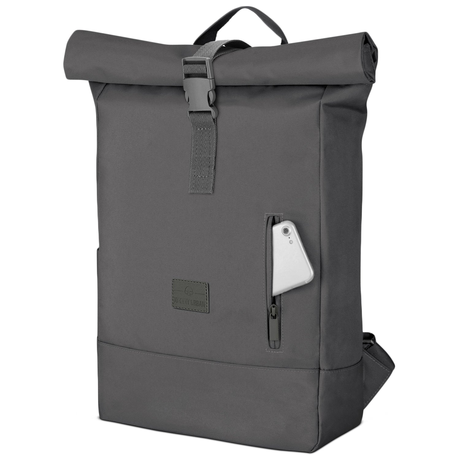 Dunkelgrauer Rolltop Rucksack 'Robin Medium' mit vertikalem Reißverschlussfach und Smartphone