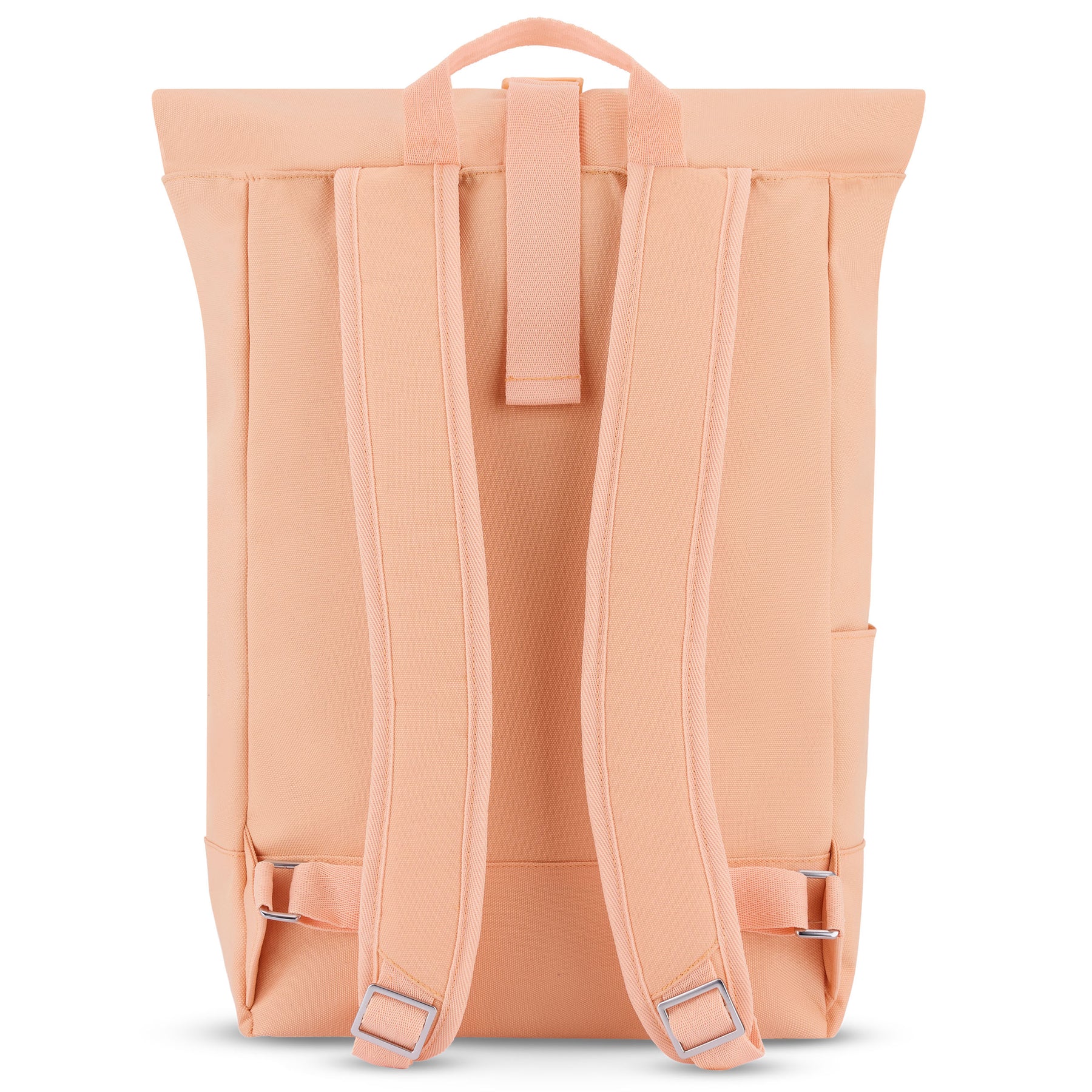 Rückseite des Johnny Urban Robin Medium Rolltop-Rucksacks in Pfirsich mit gepolsterten Schulterriemen