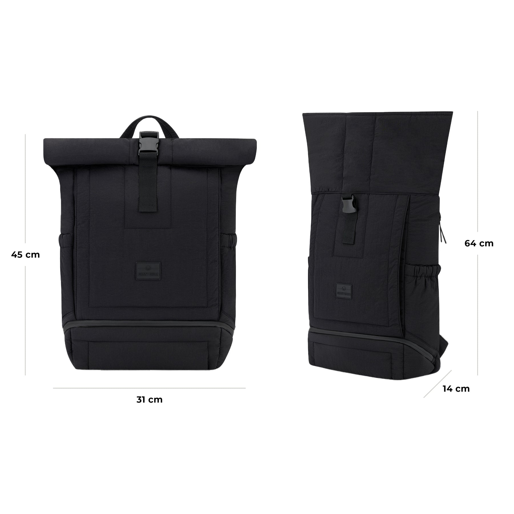 Schwarzer gepolsterter Rolltop-Rucksack 'Kyle' mit Maßen 31x45x14 cm (geschlossen) und 31x64x14 cm (ausgerollt)