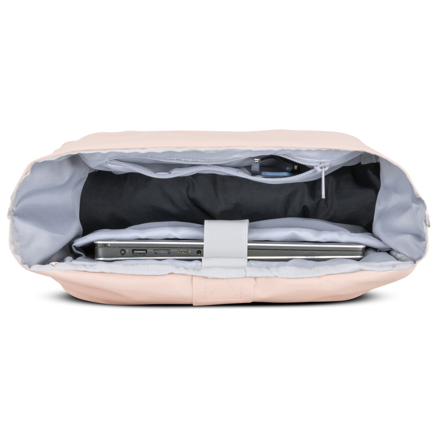 Innenansicht des Rolltop Rucksacks 'Allen Large' von Johnny Urban mit Laptopfach und weiteren gepolsterten Fächern