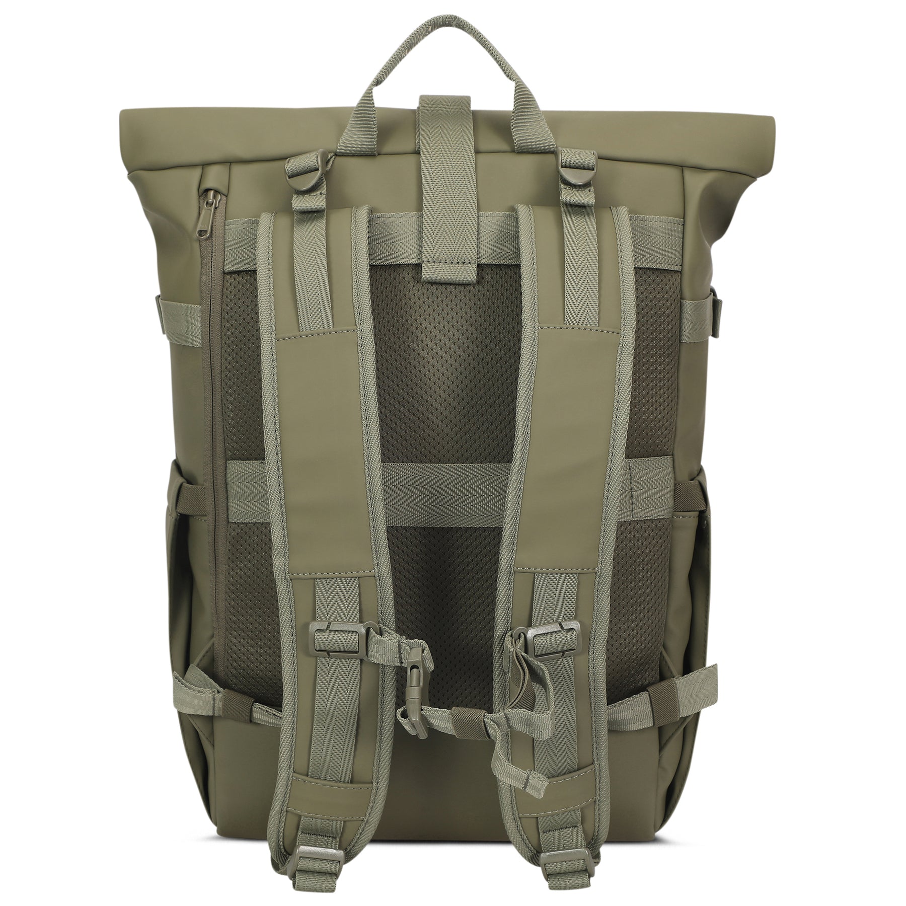 Rückseite des Rolltop-Rucksacks ‚Harvey Large‘ in Olivgrün mit gepolsterten, verstellbaren Schultergurten und Trageschlaufe