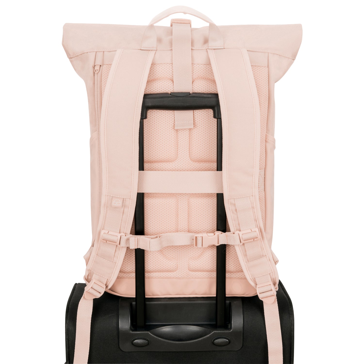 Rosa Rolltop-Rucksack 'Allen Large' auf schwarzem Trolleygriff befestigt