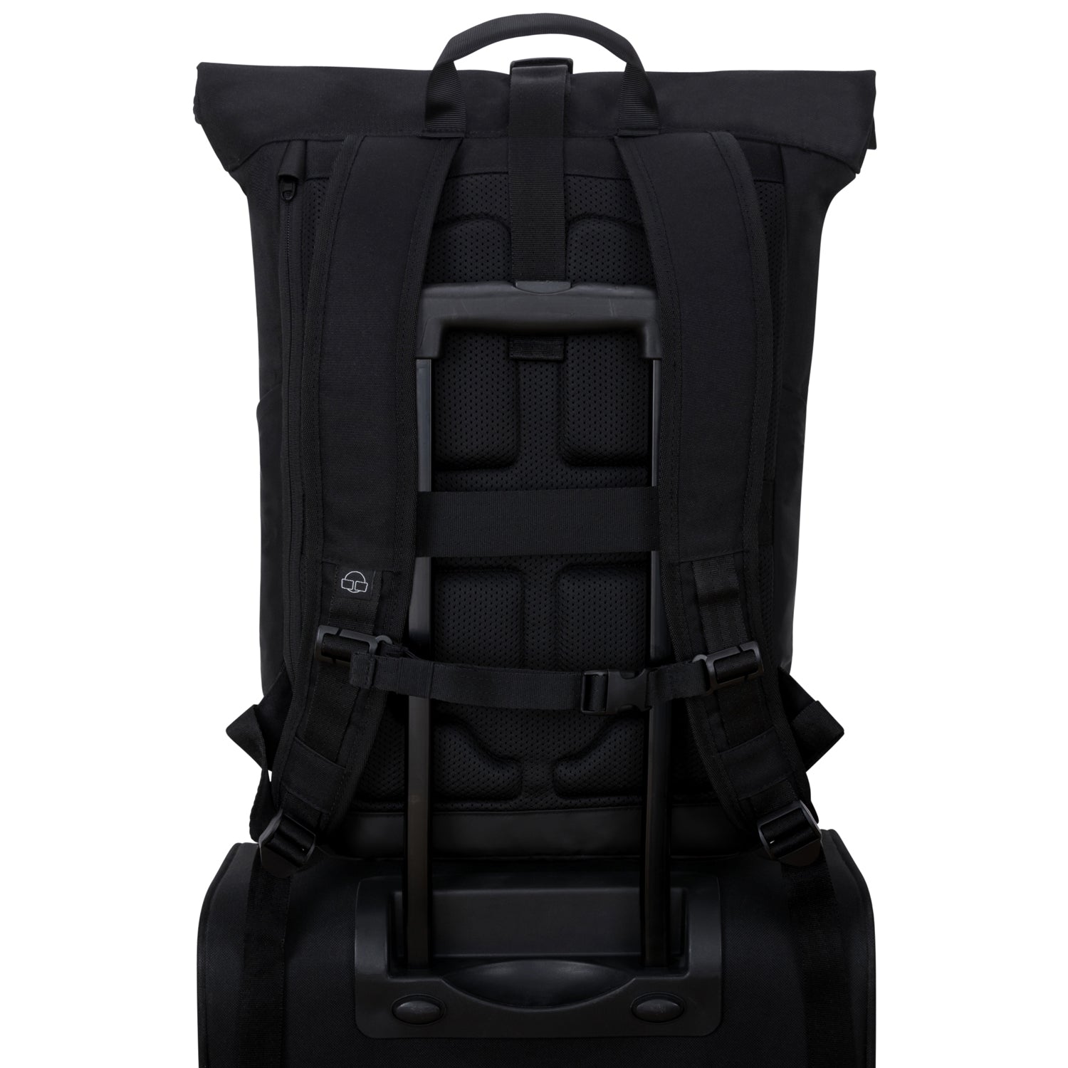 Rückansicht schwarzer Rolltop Rucksack 'Allen Large' mit gepolstertem Rücken und Taschenriemen auf Trolley-Griff