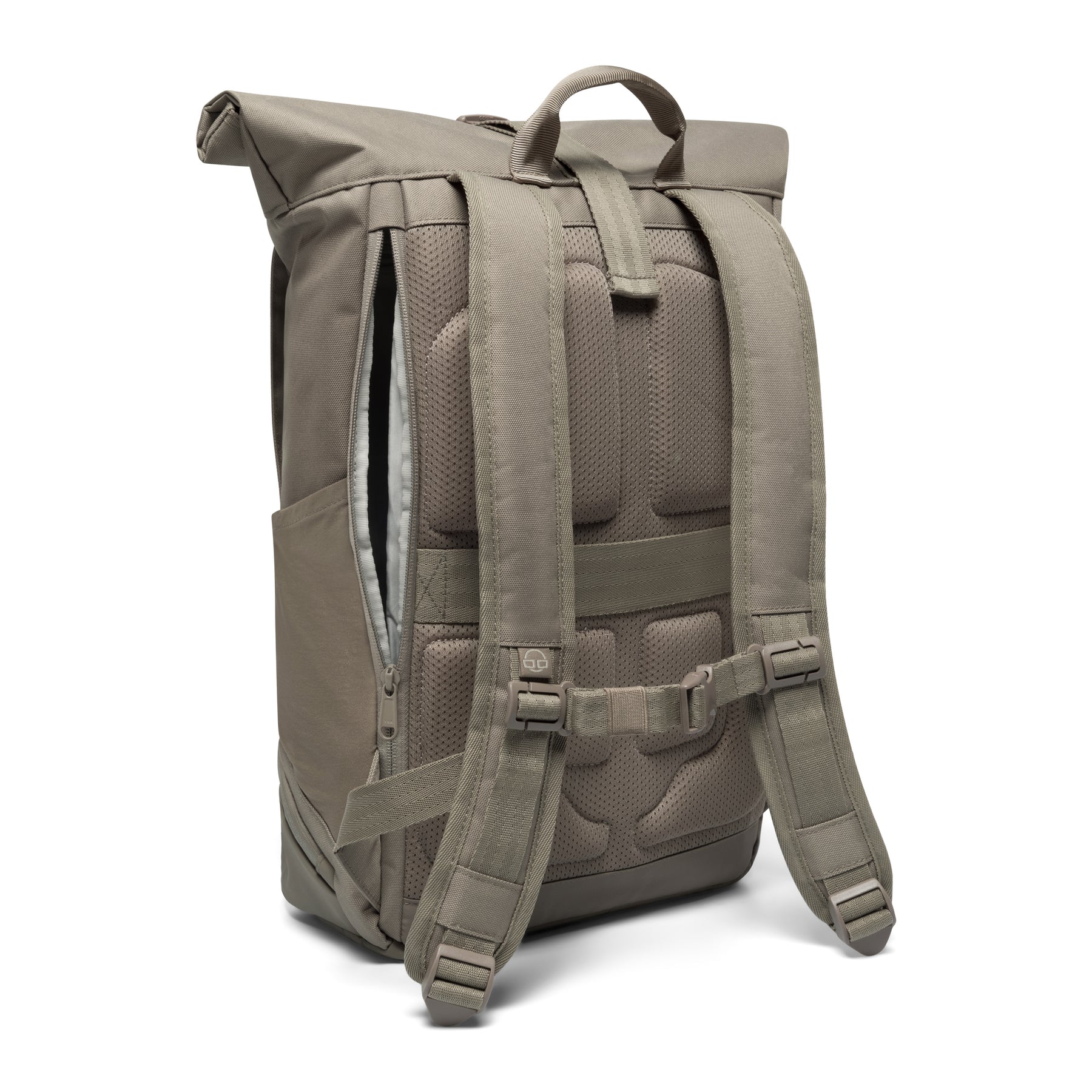 Rolltop Rucksack Allen Medium in desertgrau mit gepolstertem Rücken, verstellbaren Schulterriemen und seitlichem Schnellzugriff