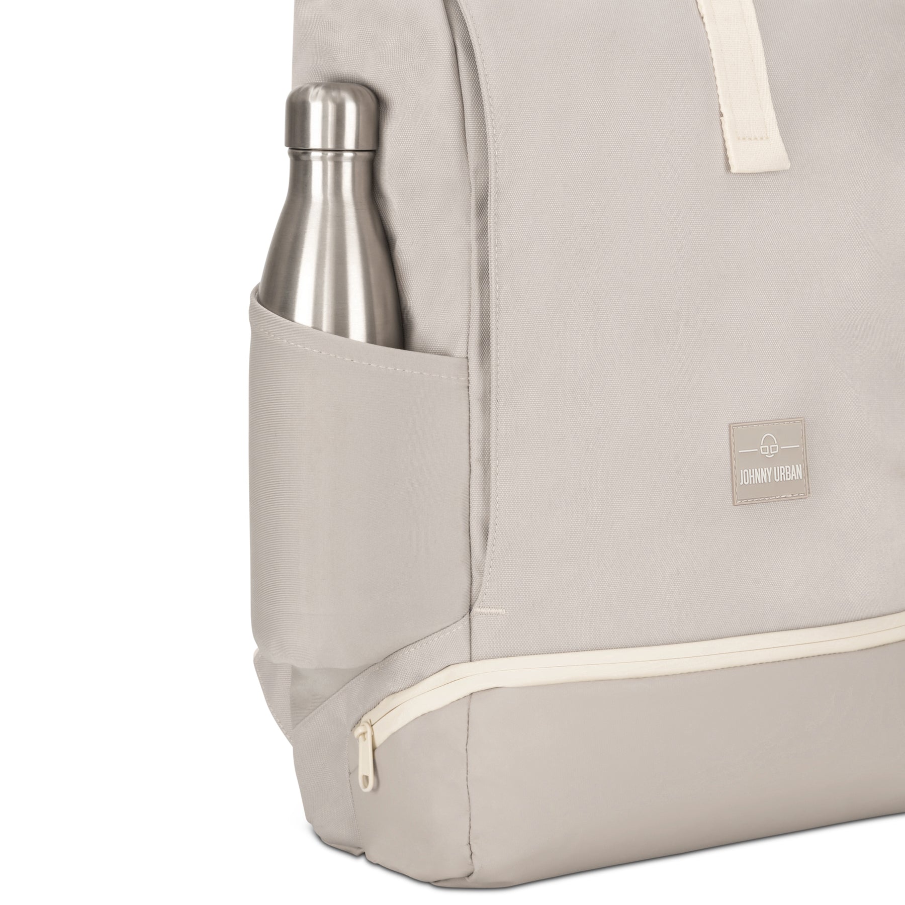 Beiger Rolltop Rucksack 'Allen Large' mit seitlicher Tasche und silberner Trinkflasche