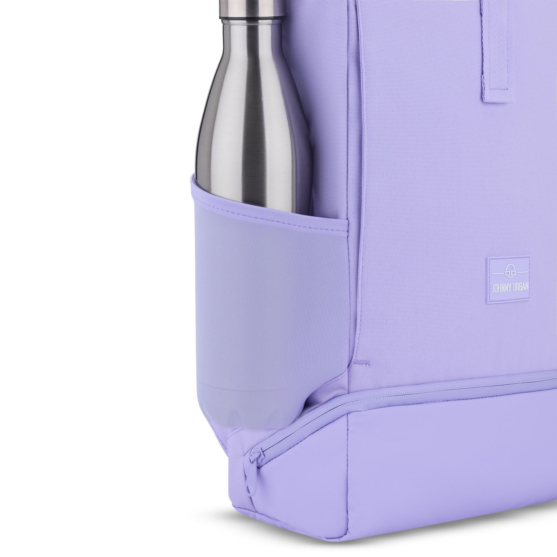Rolltop Rucksack 'Allen Medium' in fliederfarben mit Seitentasche und silberner Trinkflasche