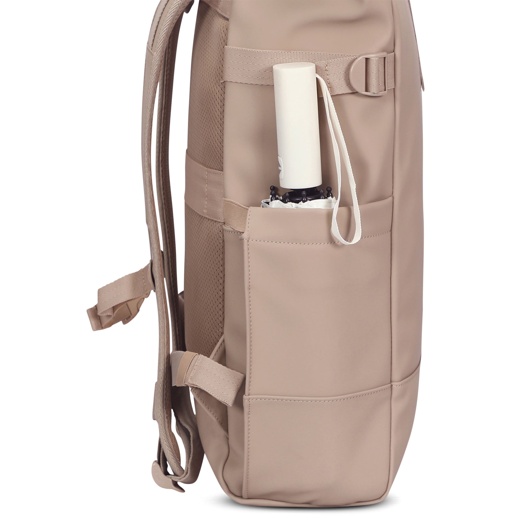Beiger Rolltop Rucksack 'Harvey Large' mit seitlicher Außentasche und zusammengefaltetem Regenschirm