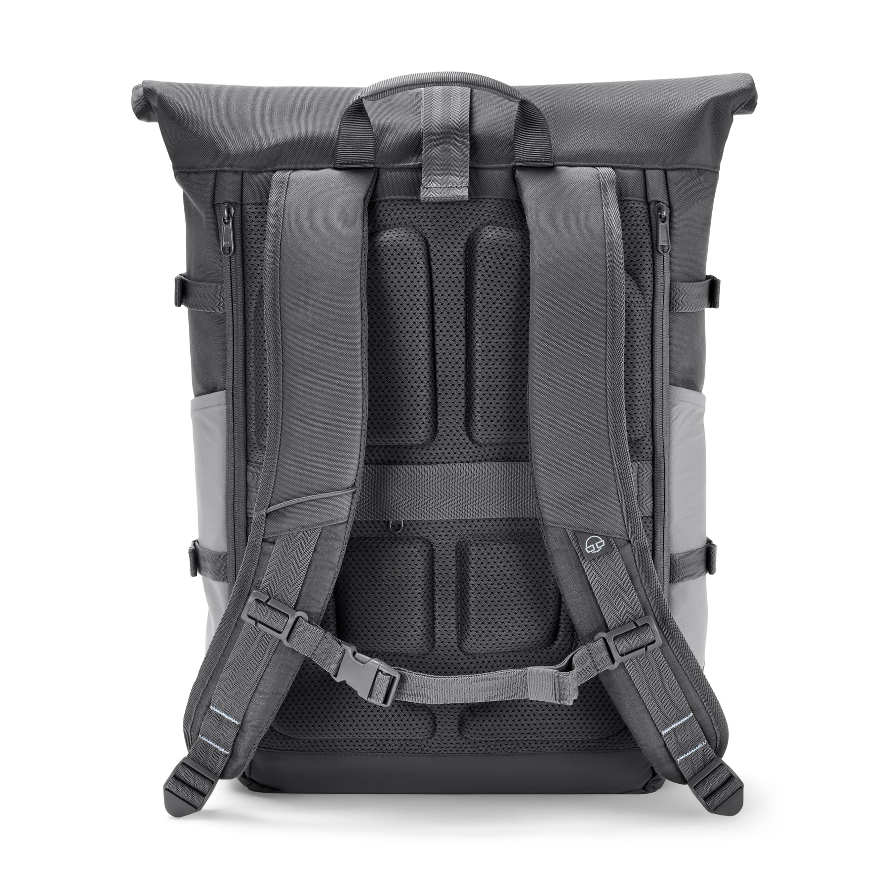 Rückseite des grauen Rolltop Rucksacks 'Allen Large Move' mit gepolsterten Schulterriemen und Rückenbelüftung
