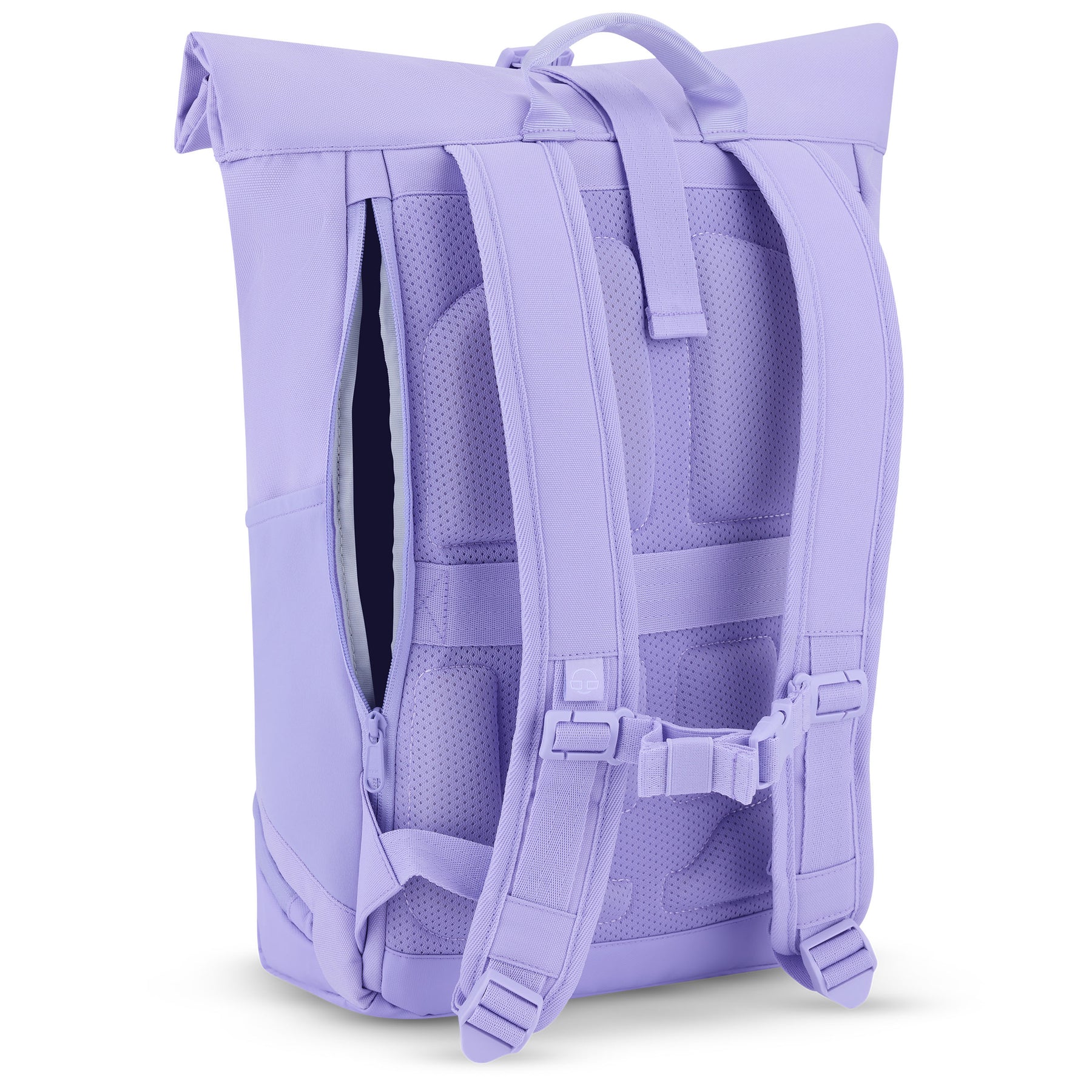 Rolltop Rucksack Allen Medium in flieder, Rückseite mit gepolsterten Schultergurten und Brustgurt