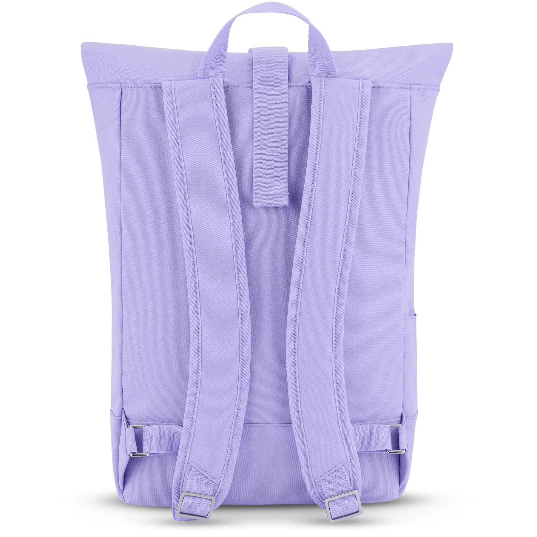 Rückansicht des lilafarbenen Rolltop Rucksacks 'Robin Medium' mit gepolsterten Schultergurten und Trageschlaufe