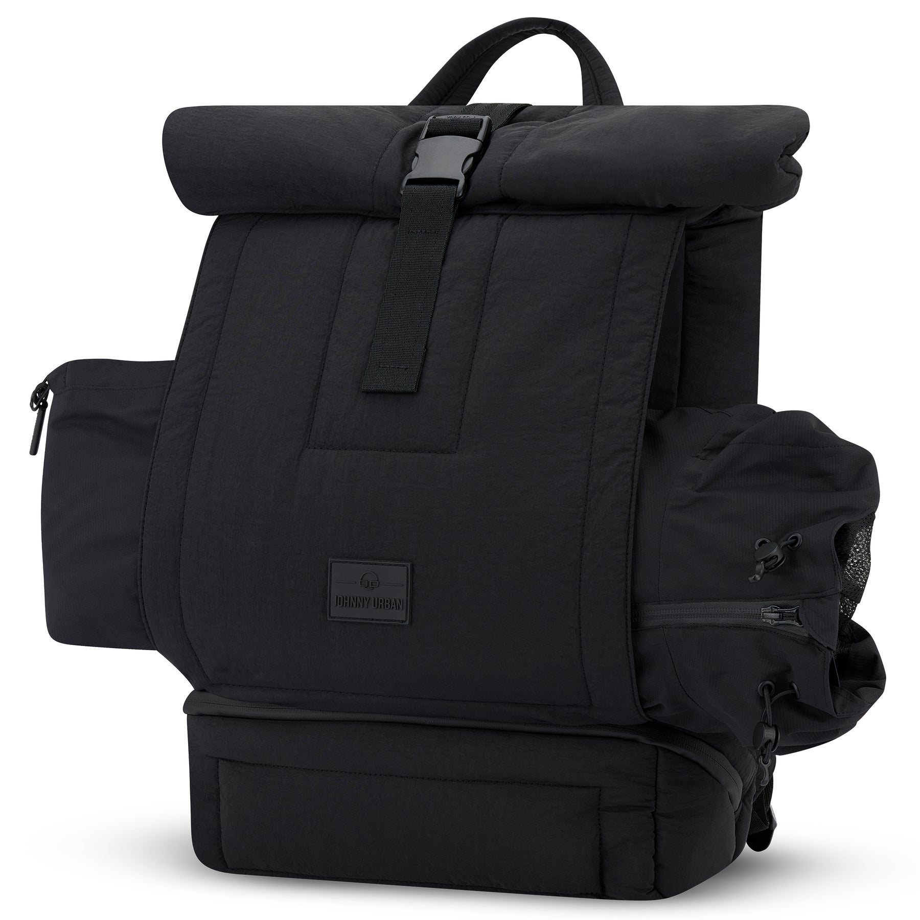 Schwarzer gesteppt gepolsterter Rolltop-Rucksack 'Kyle' von Johnny Urban mit Schnallenverschluss und seitlichen Taschen