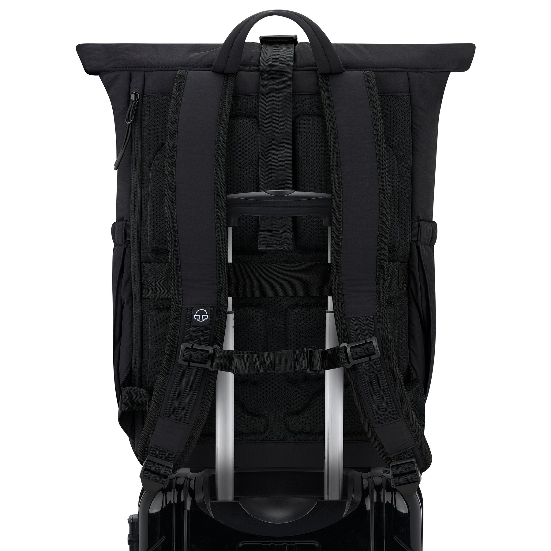 Schwarzer gepolsterter Rolltop Rucksack 'Kyle' mit ergonomischen Schultergurten und Trolleybefestigung