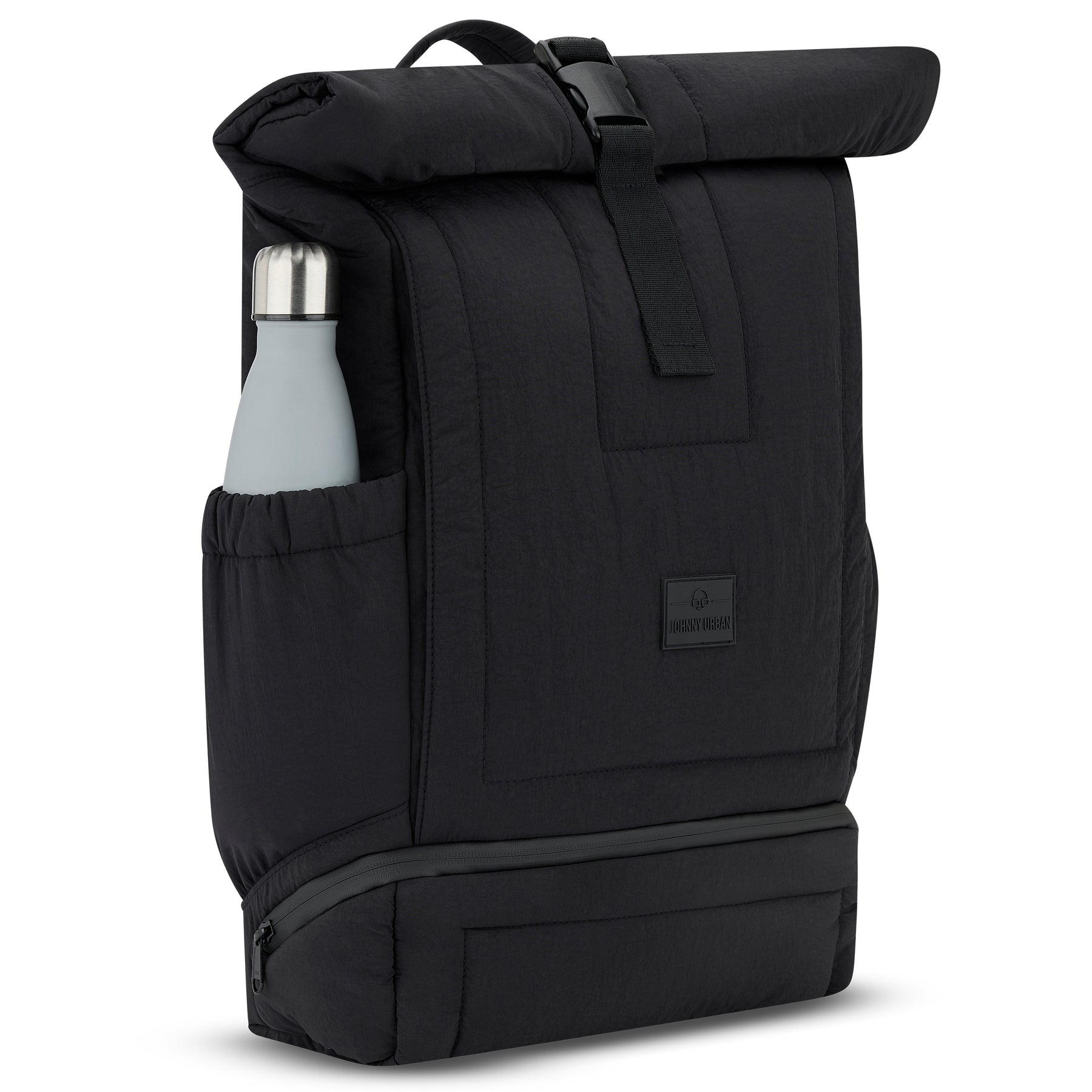 Schwarzer, gepolsterter Rolltop-Rucksack 'Kyle' mit seitlicher Tasche für Flasche