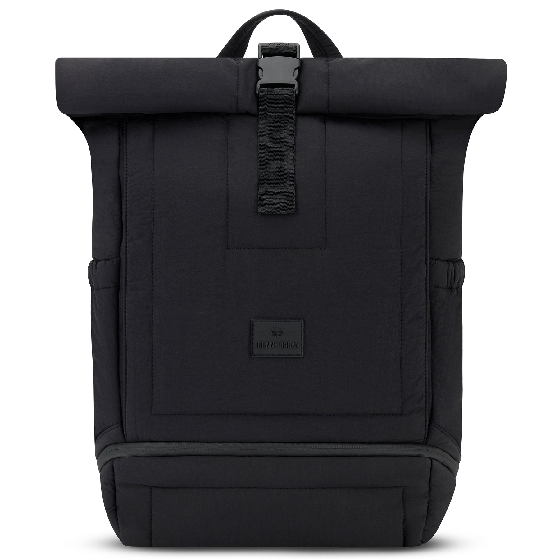 Schwarzer gepufferter Rolltop Rucksack 'Kyle' von Johnny Urban mit Frontverschluss und seitlichen Taschen