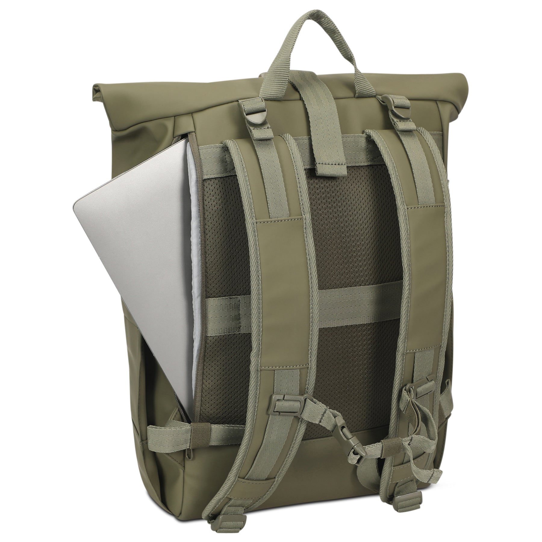 Rolltop Rucksack 'Harvey Large' in Oliv mit gepolstertem Laptopfach, gezeigt mit silbernem Laptop