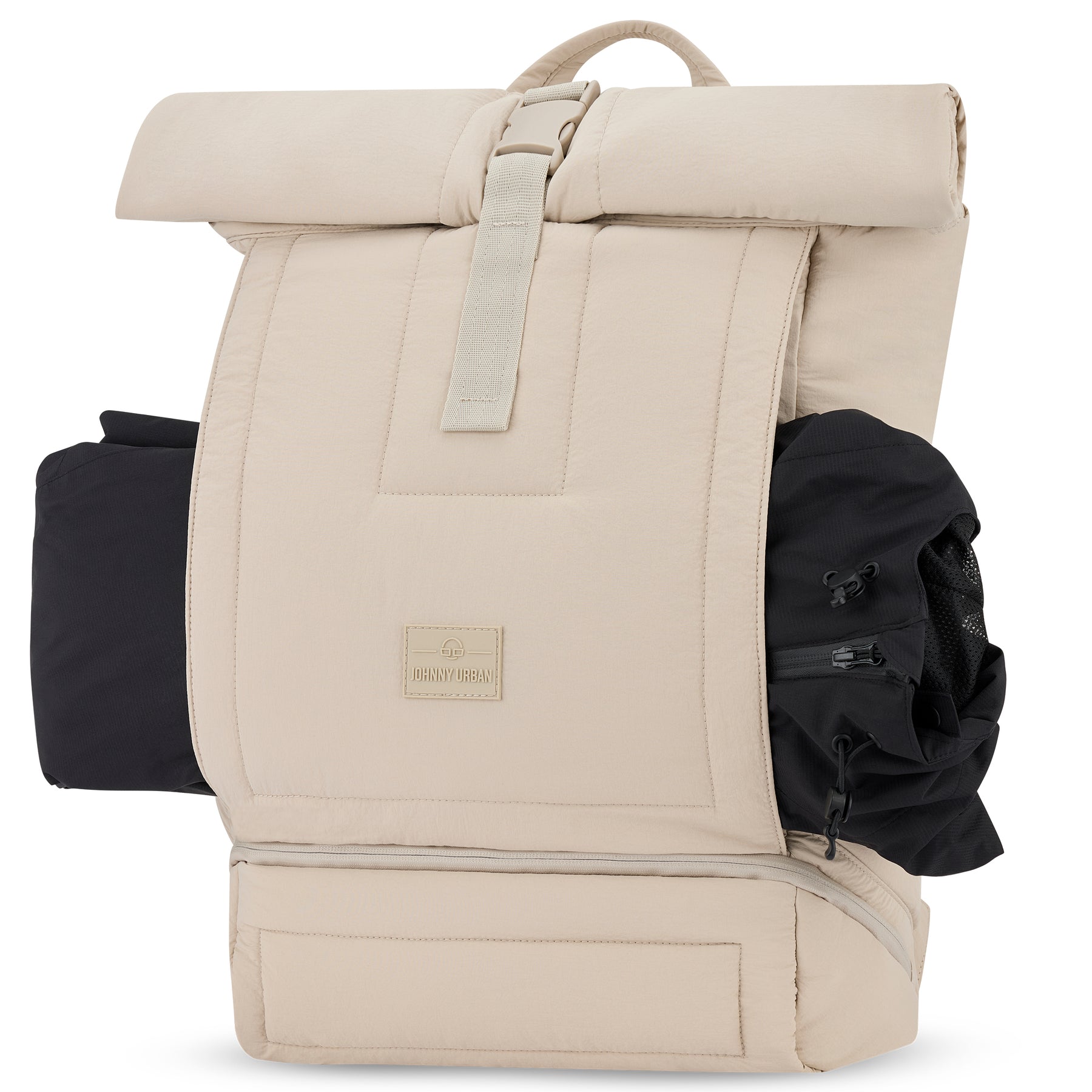 Beiger Johnny Urban Rolltop Rucksack 'Kyle' mit seitlichen schwarzen Taschen und gepolstertem Material