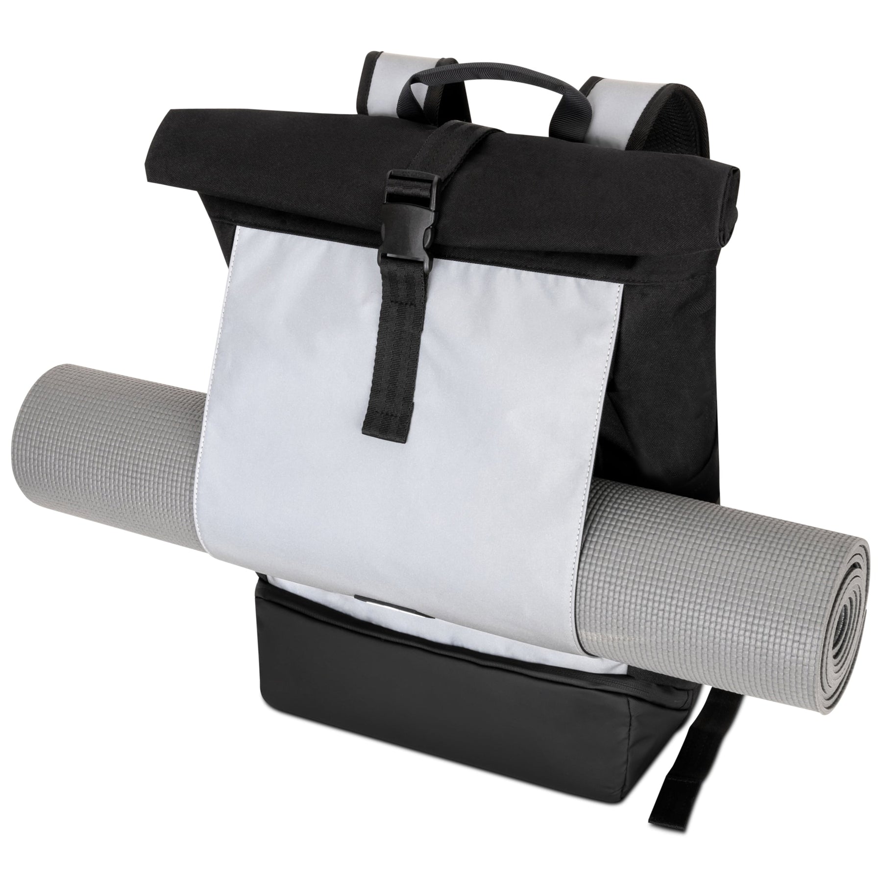 Reflektierender Rolltop-Rucksack 'Allen Large' in Schwarz und Hellgrau mit grauer Yogamatte am Boden