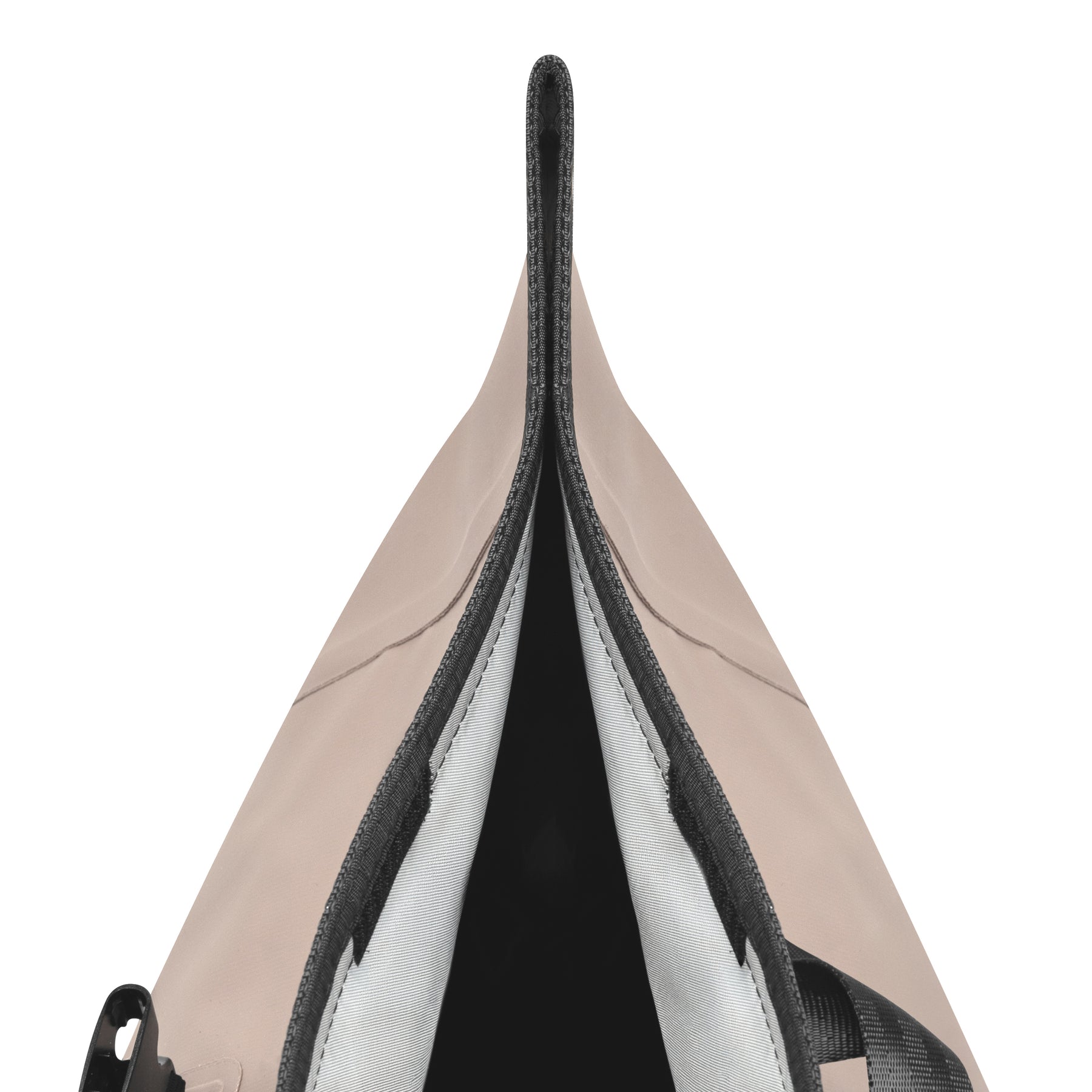 Sandfarbener Rolltop Rucksack 'Conor' geöffnet mit schwarzem Innenfutter und Klettverschluss
