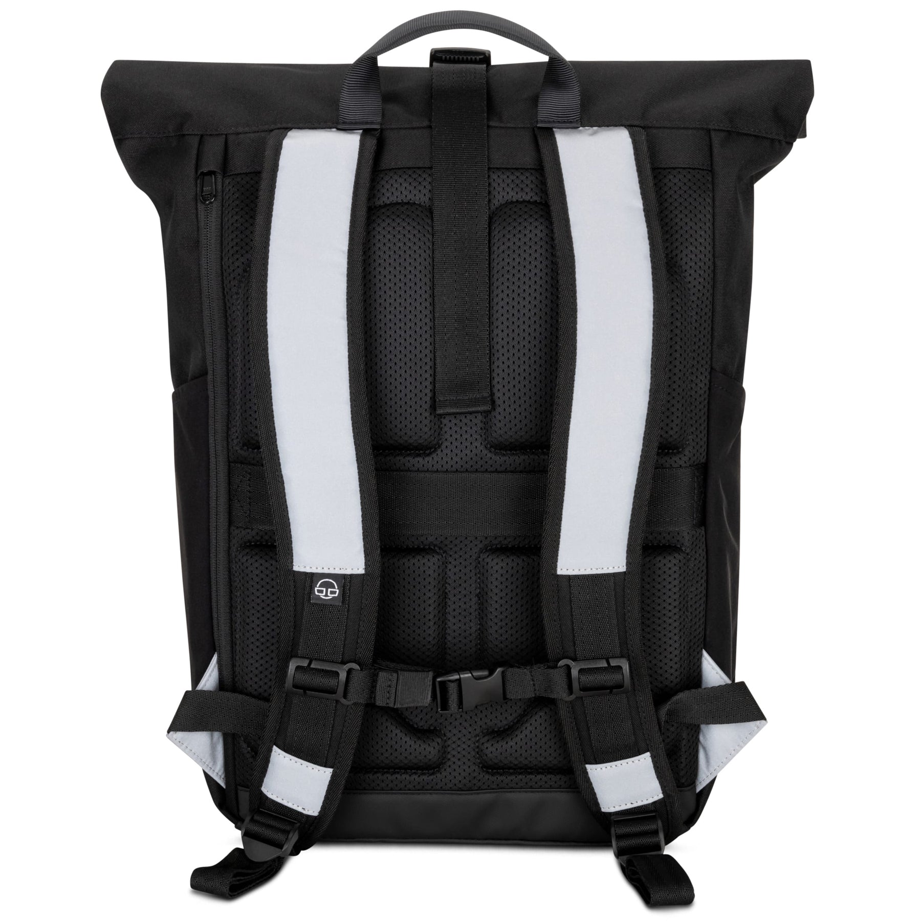 Rückseite des reflektierenden schwarzen Rolltop-Rucksacks 'Allen Large' mit gepolsterten Schultergurten und Mesh-Rückenpolster