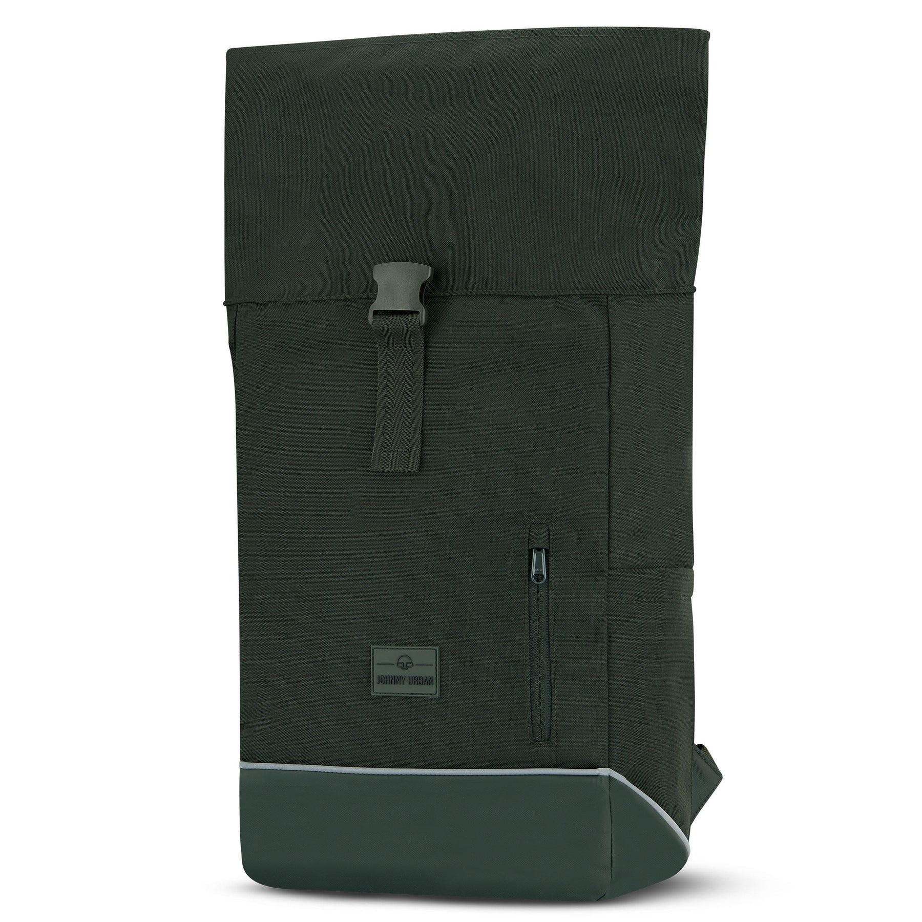 Schwarzer Rolltop-Rucksack Johnny Urban 'Robin Medium' mit Vorderreißverschluss und reflektierendem Streifen am Boden