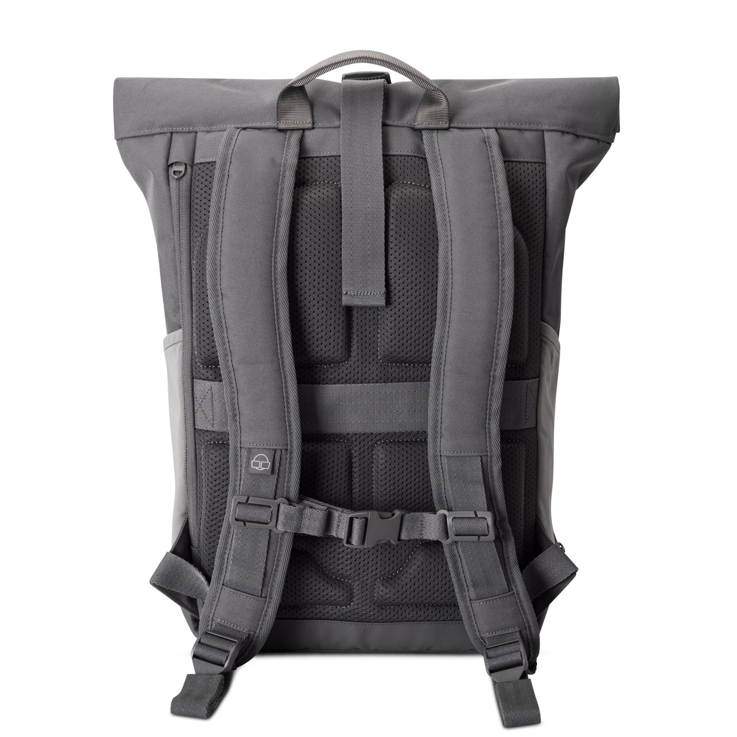 Rückseite des grauen Rolltop-Rucksacks ‚Allen Medium‘ mit gepolsterten Schultergurten und atmungsaktivem Rückenpanel