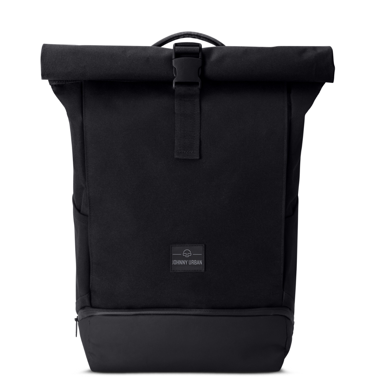 Frontansicht vom Rolltop Rucksack "Allen" in schwarz.