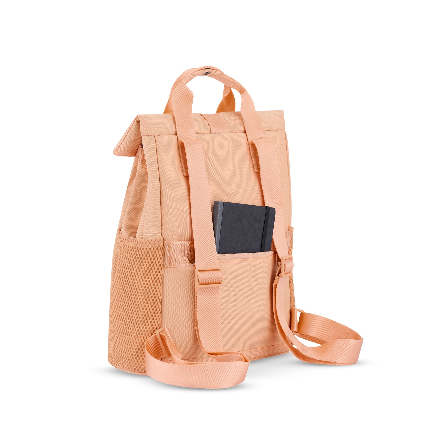 Rucksack 'Jules' in Pfirsich mit gepolsterten Schulterriemen, Netzseitentaschen und Notizbuch in der Rückentasche