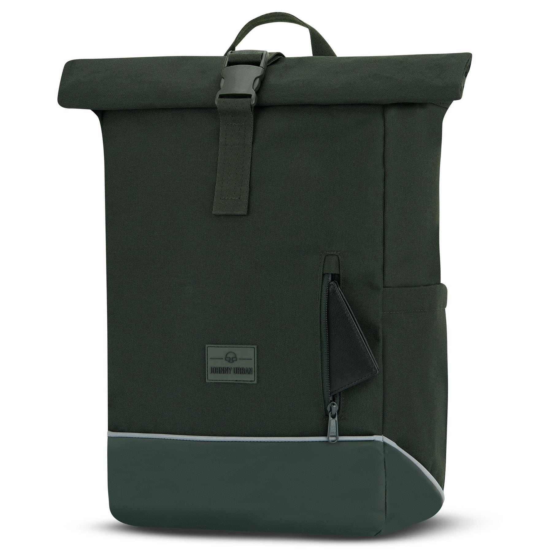 Schwarzer Johnny Urban Rolltop Rucksack 'Robin Medium' mit Reflektoren und seitlicher Reißverschlusstasche, geeignet fürs Fahrrad